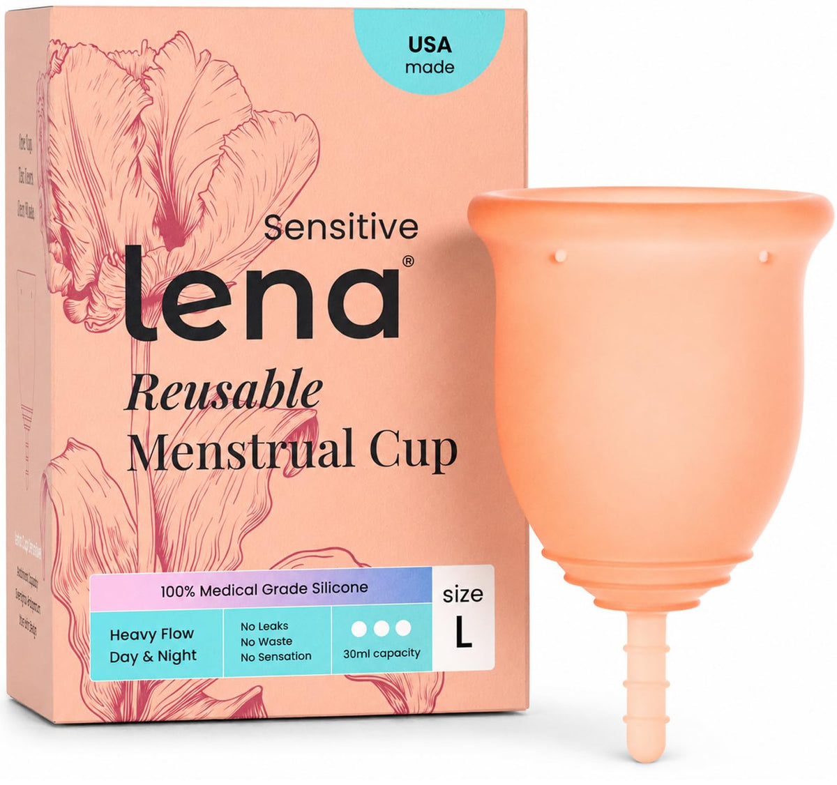 LENA copa menstrual frontal coral mostrando diseño y empaque, comodidad visible