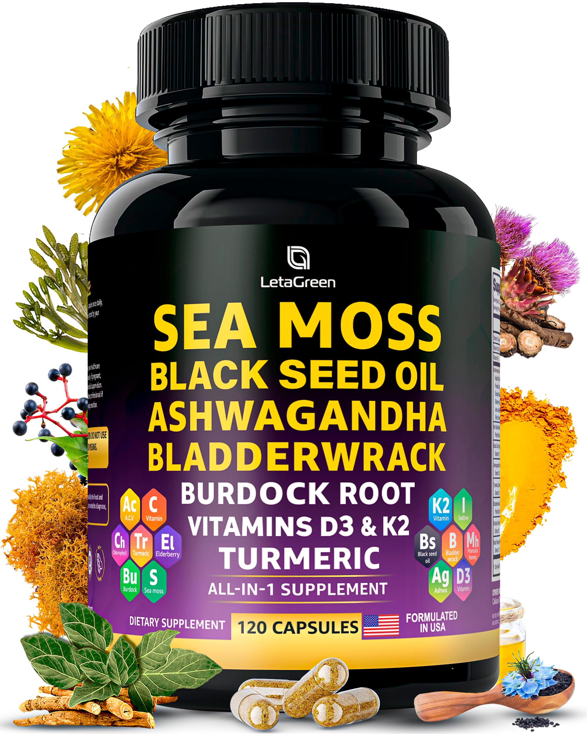 LetaGreen frasco frontal mostrando sea moss capsules y presentación conveniente