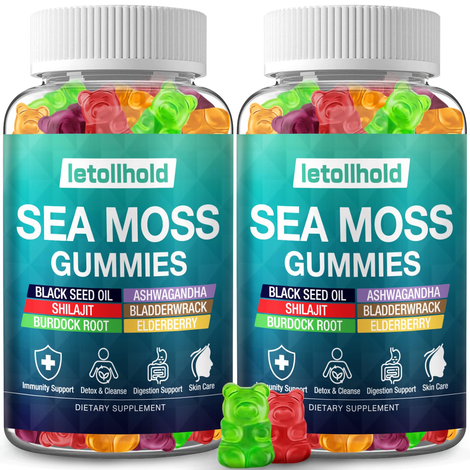 letollhold frasco frontal de Sea Moss Gummies mostrando tamaño y etiqueta clara