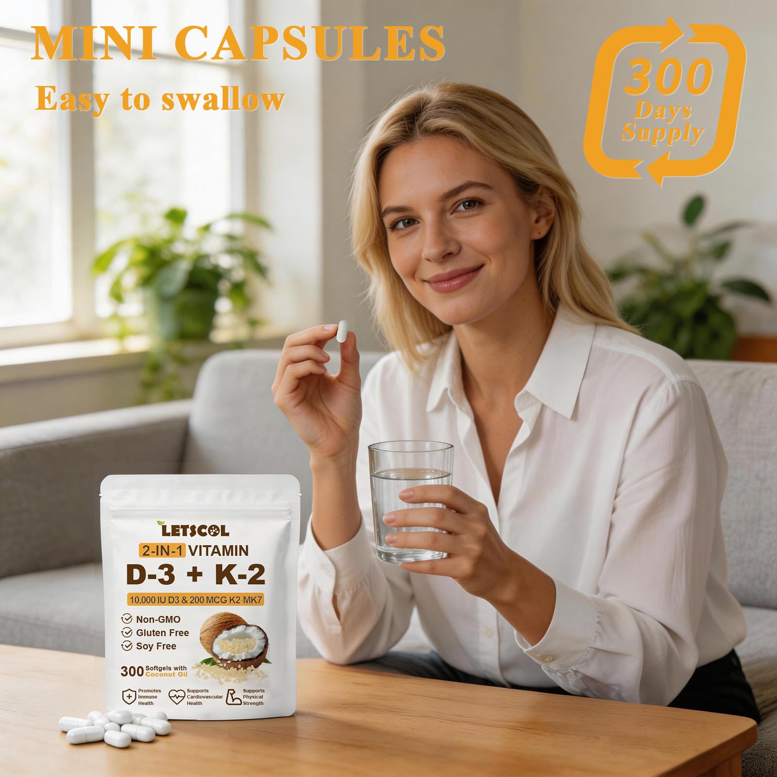LETSCOL etiqueta mostrando 10,000 IU D3 y 200 mcg K2 MK-7 claramente