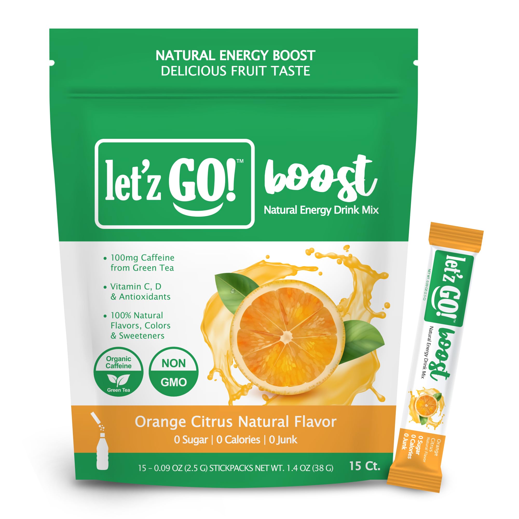 Let'z Go! frente del empaque Orange Citrus mostrando sobres y marca