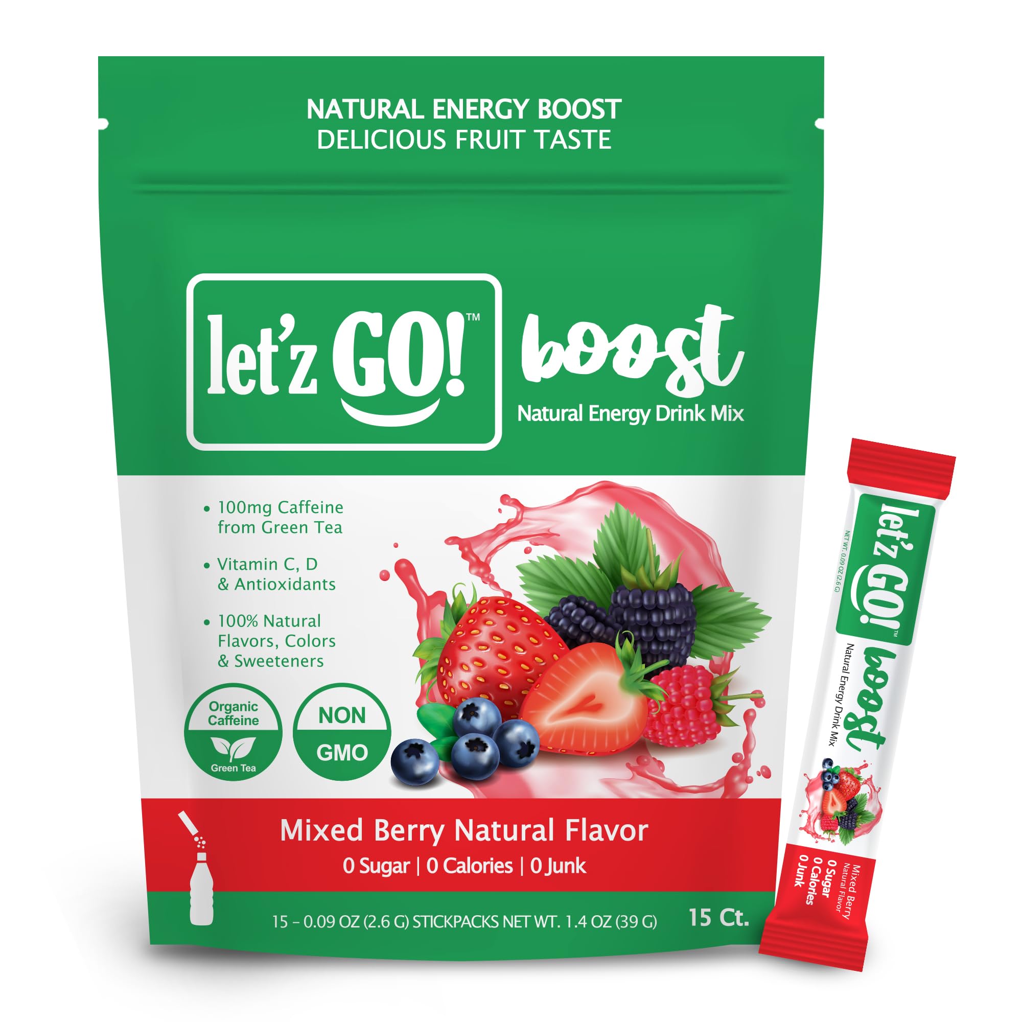 Let'z Go caja Mixed Berry vista frontal que muestra 15 sobres y conveniencia