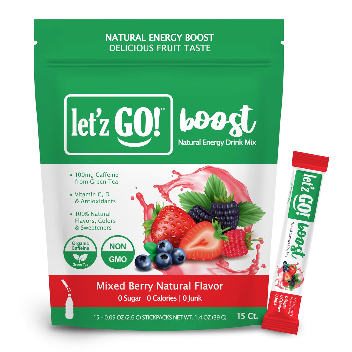 Let'z Go caja Mixed Berry vista frontal que muestra 15 sobres y conveniencia