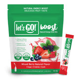 Let'z Go caja Mixed Berry vista frontal que muestra 15 sobres y conveniencia