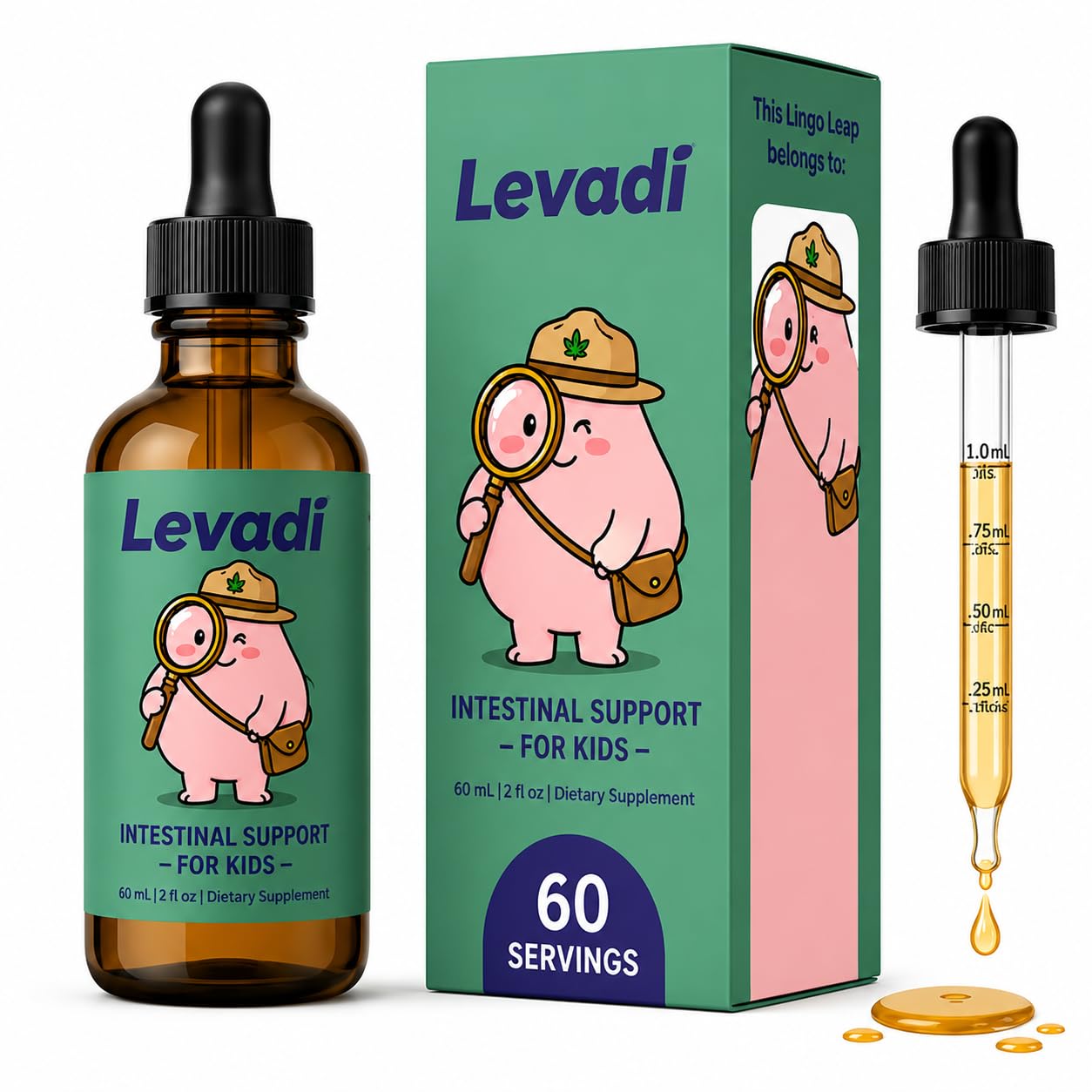 LEVADI frasco frontal con sabor frambuesa, presentación clara y fácil de usar