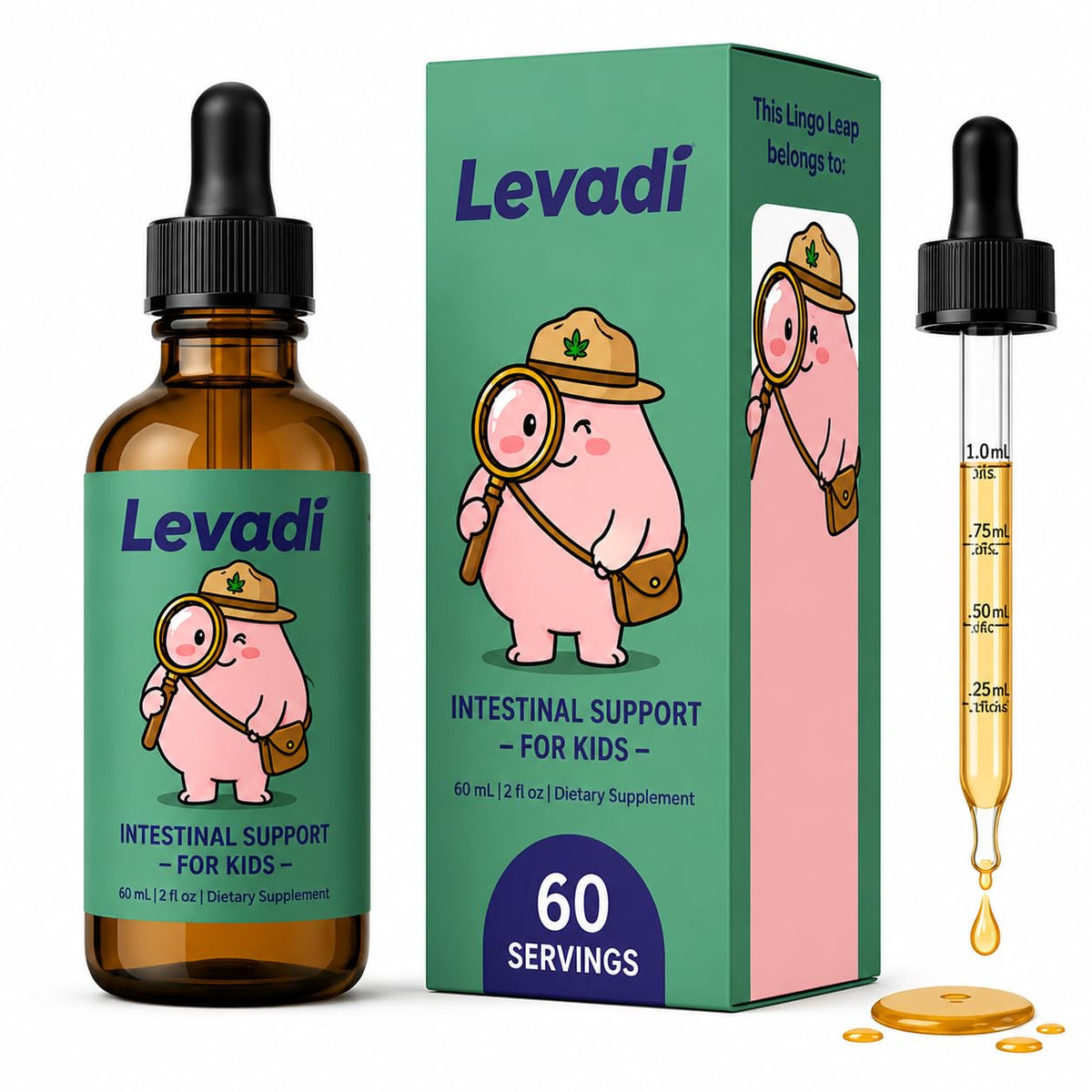LEVADI frasco frontal con sabor frambuesa, presentación clara y fácil de usar