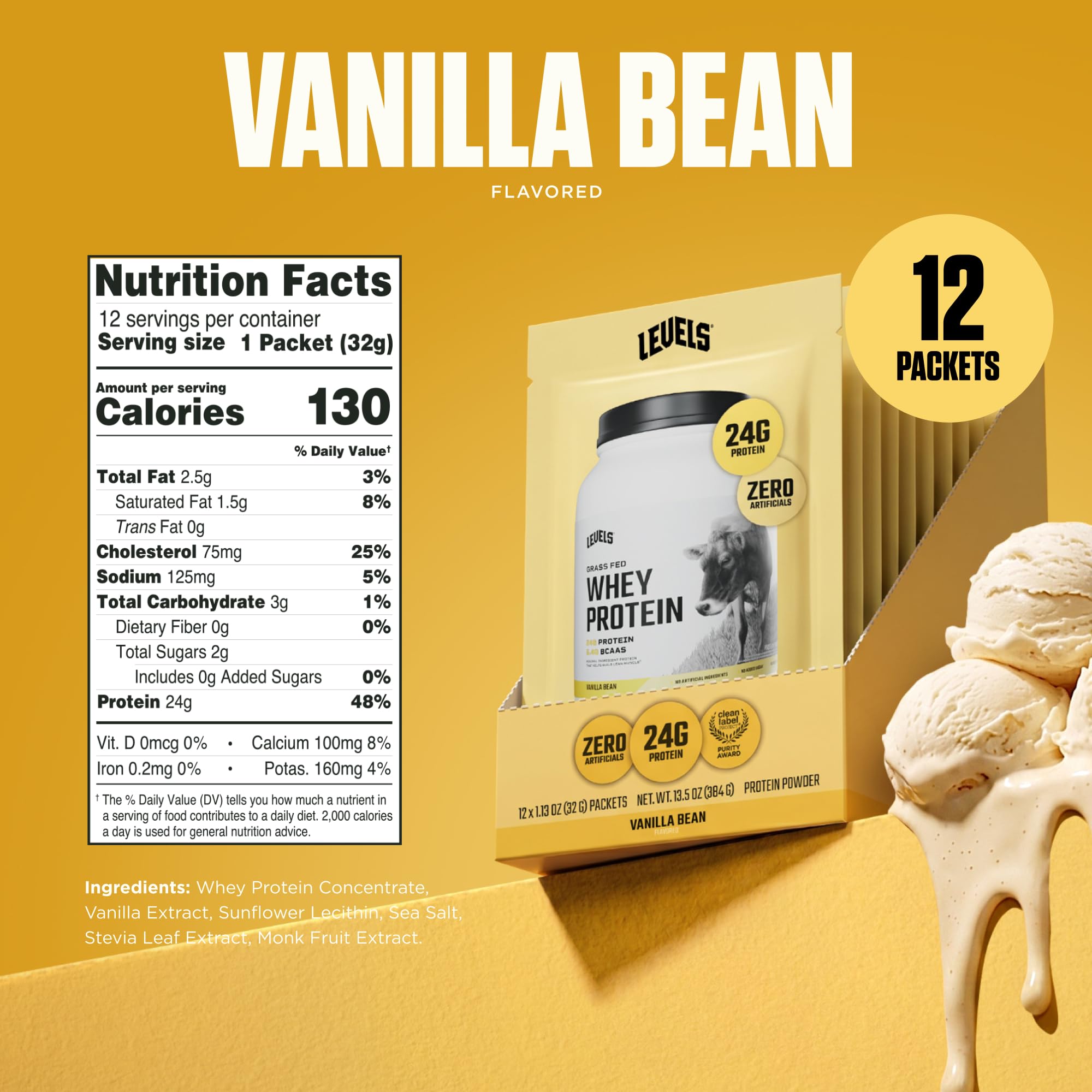 Batido Levels Vanilla Bean en vaso listo para beber, sabor natural