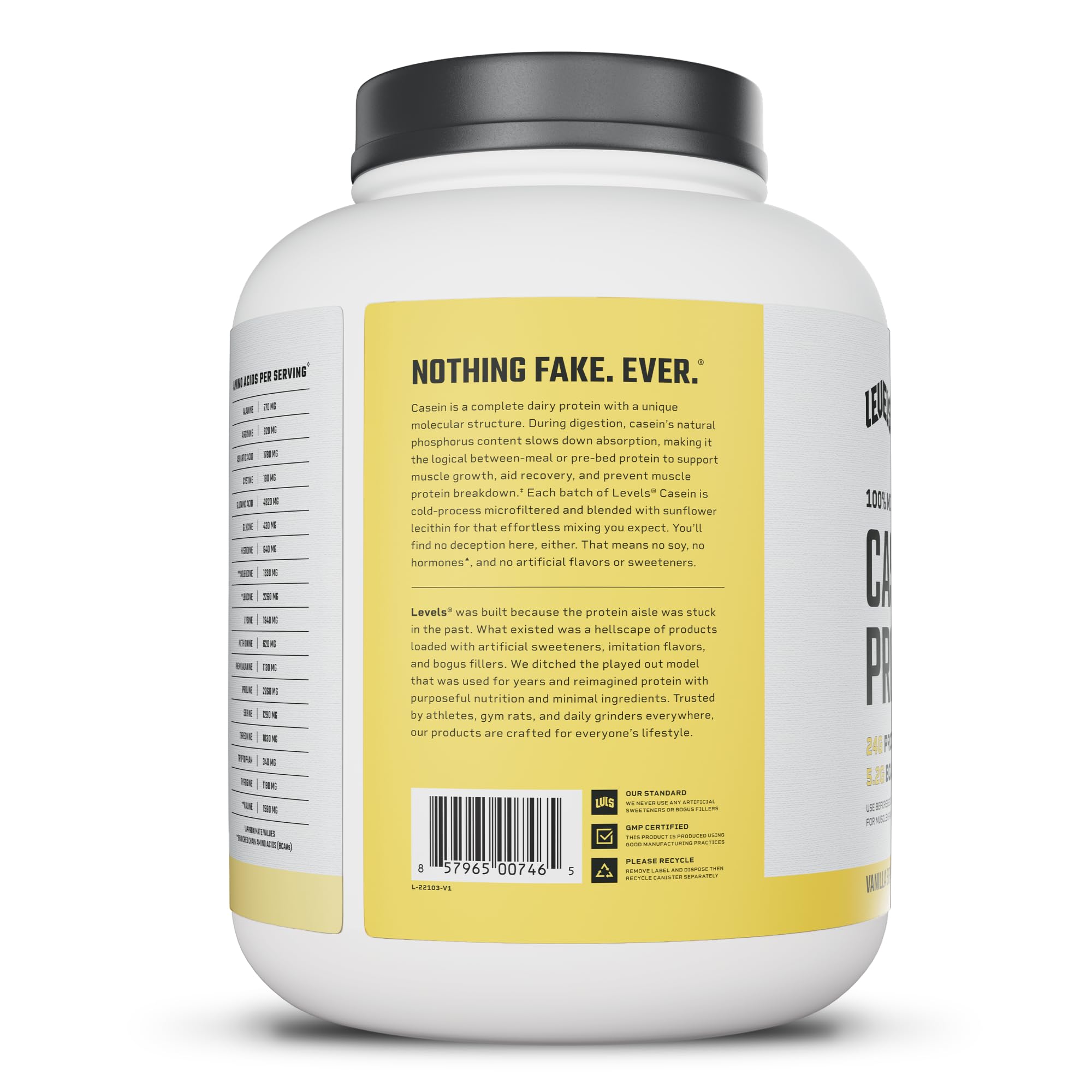 Levels Nutrition etiqueta con información nutricional y cantidades por porción