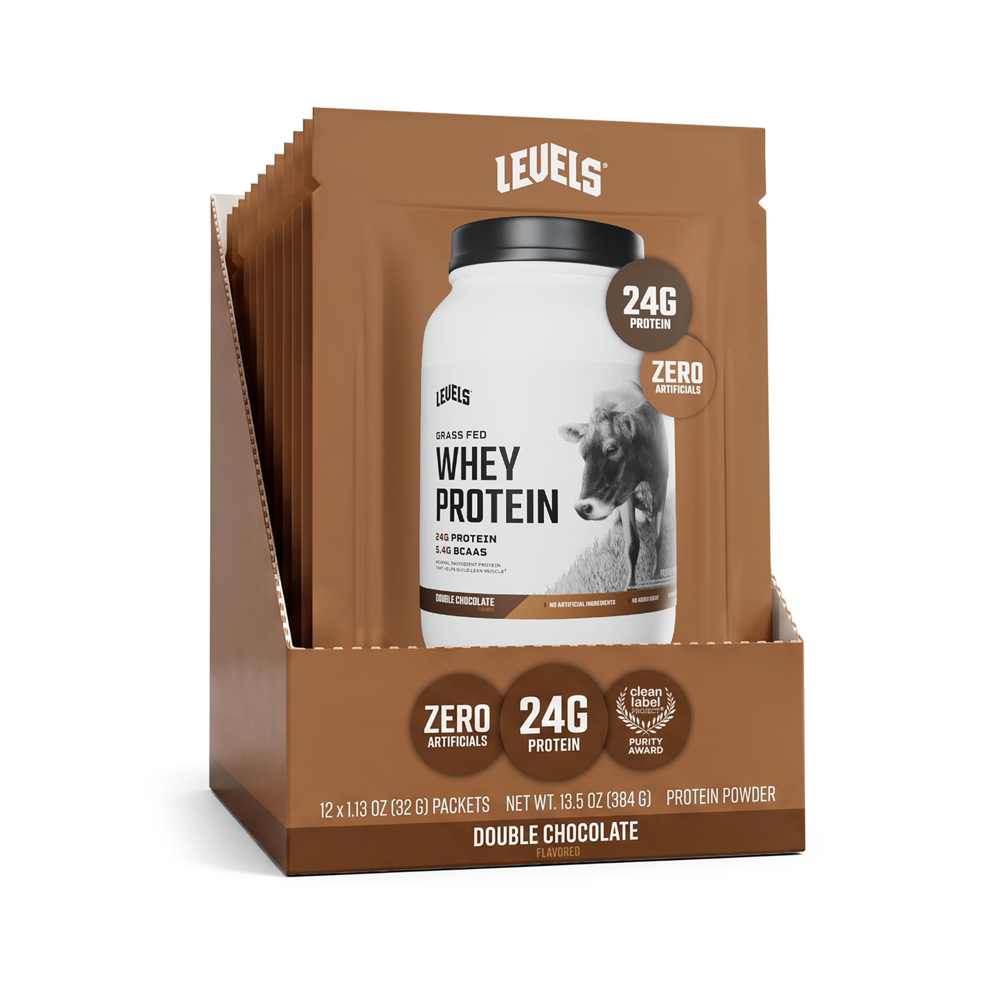 Levels Nutrition frente del empaque mostrando doble chocolate y 12 unidades, conveniencia