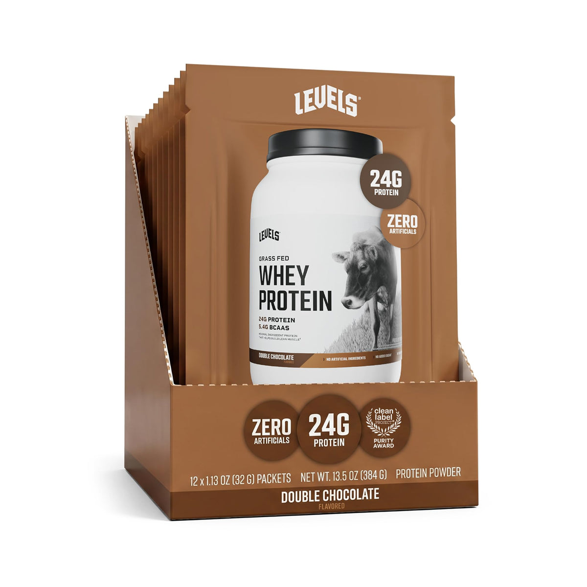Levels Nutrition frente del empaque mostrando doble chocolate y 12 unidades, conveniencia
