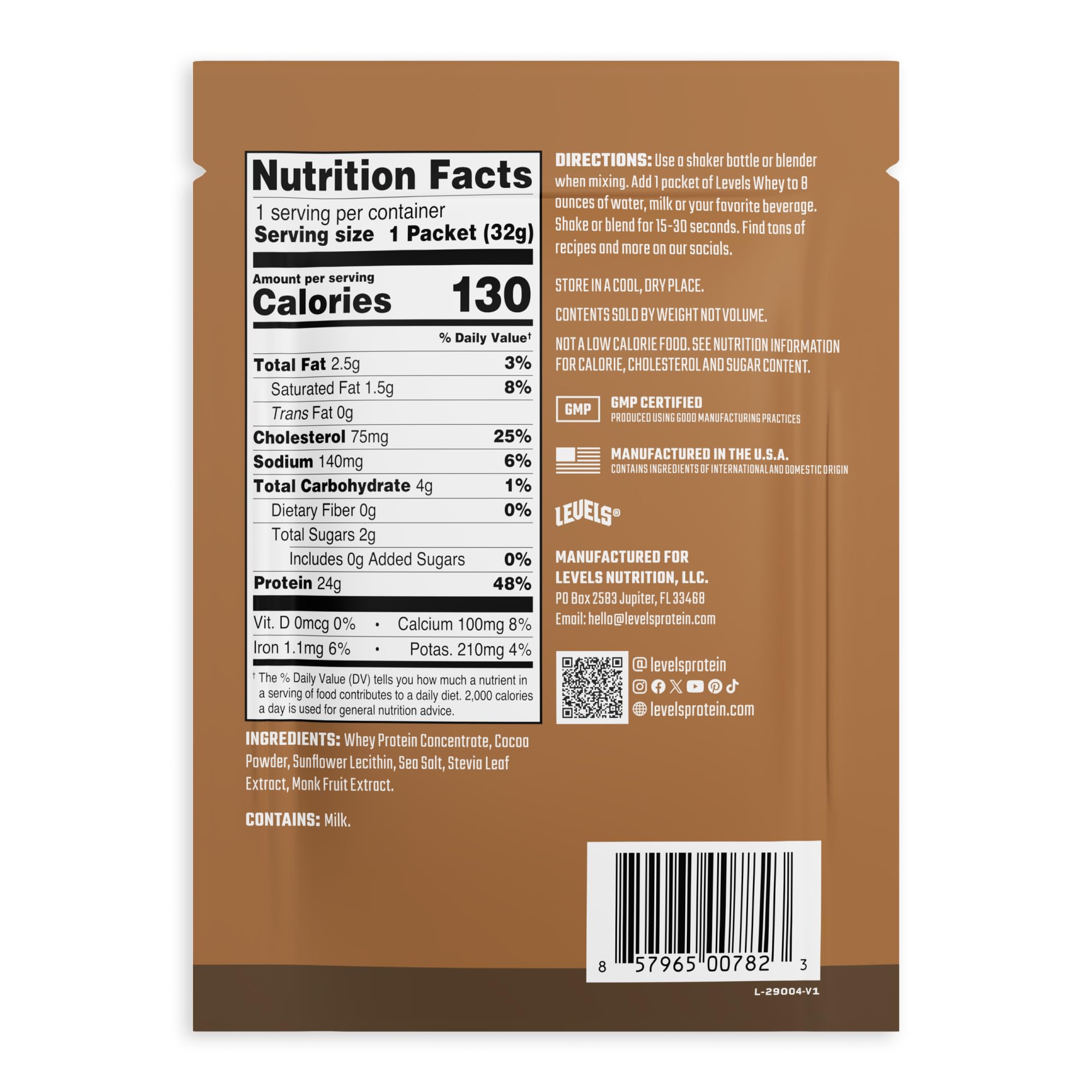 Levels Nutrition tamaño comparativo con mano, idea clara de la presentación