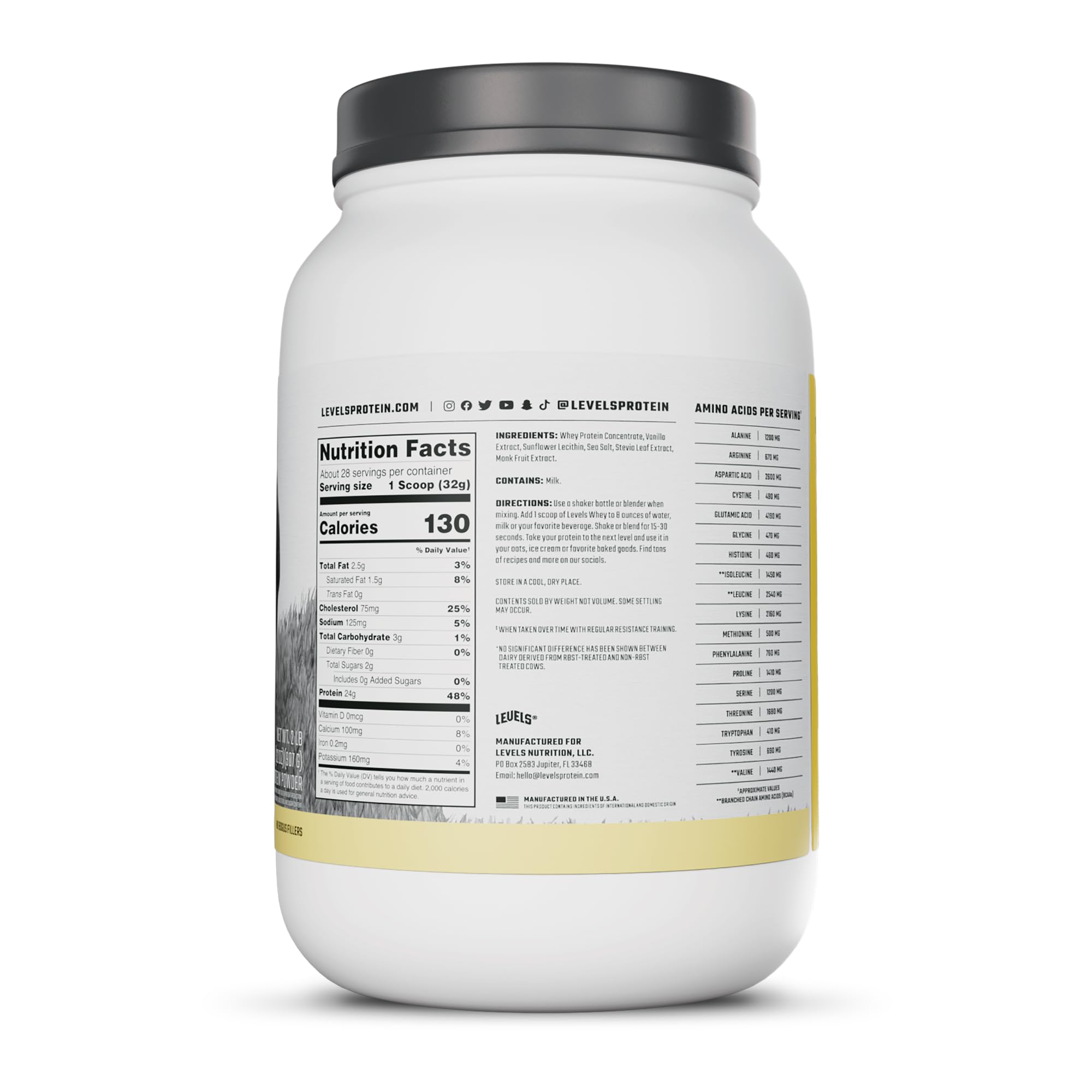 Levels Nutrition comparación de tamaño 2 lb mostrando rendimiento y porciones