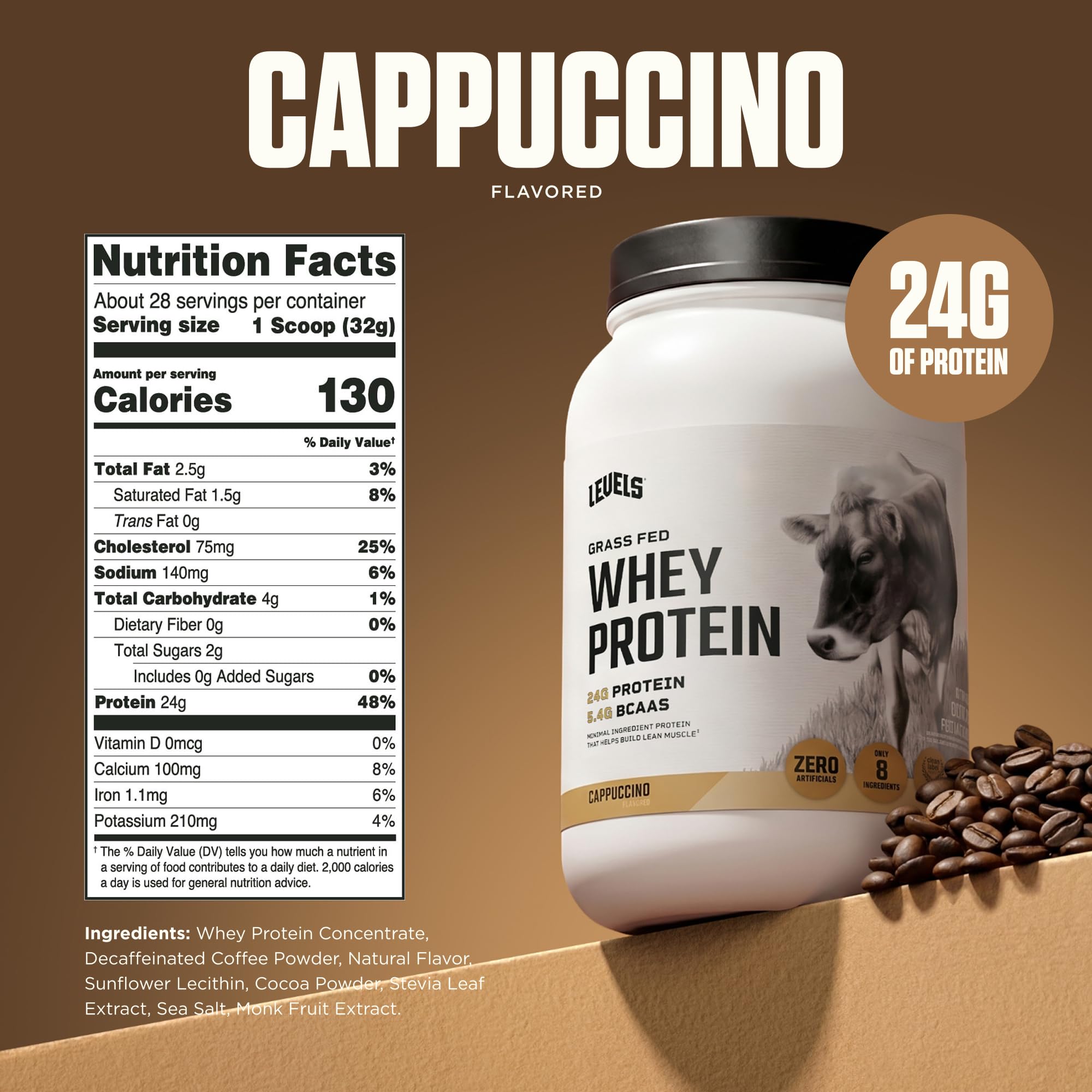 Levels Nutrition scoop medidor con polvo garantizando 24 g proteína