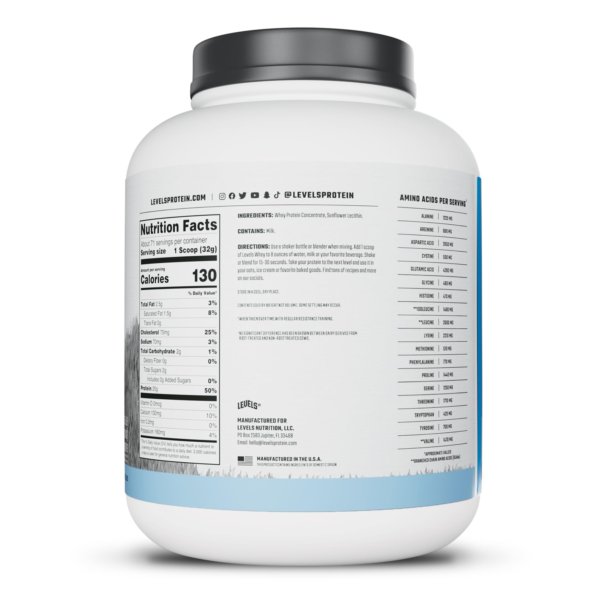 Levels Nutrition vaso con hielo y proteína disuelta, mezcla homogénea y refrescante