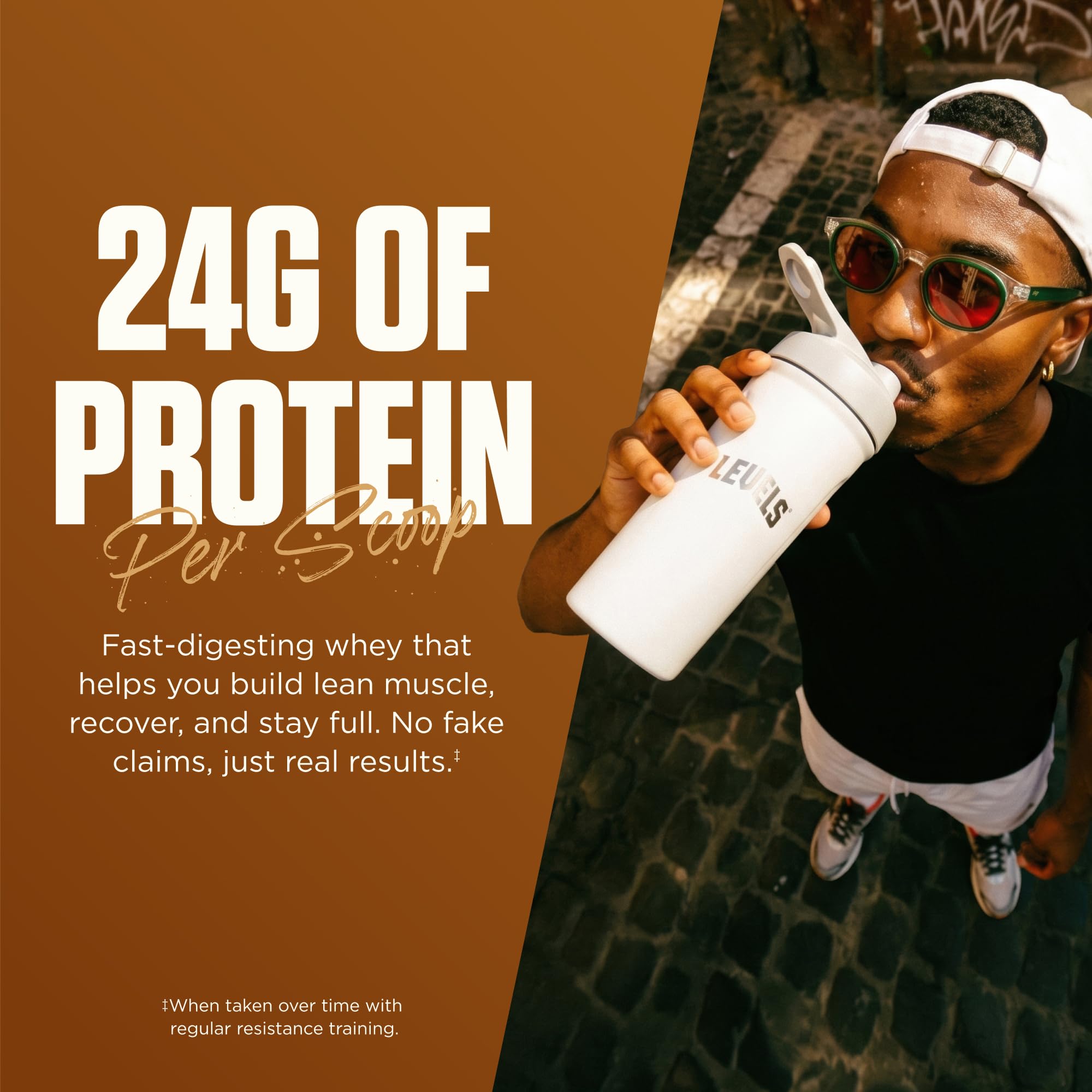 Levels Whey etiqueta nutricional clara, mostrando 24 g proteína por servicio