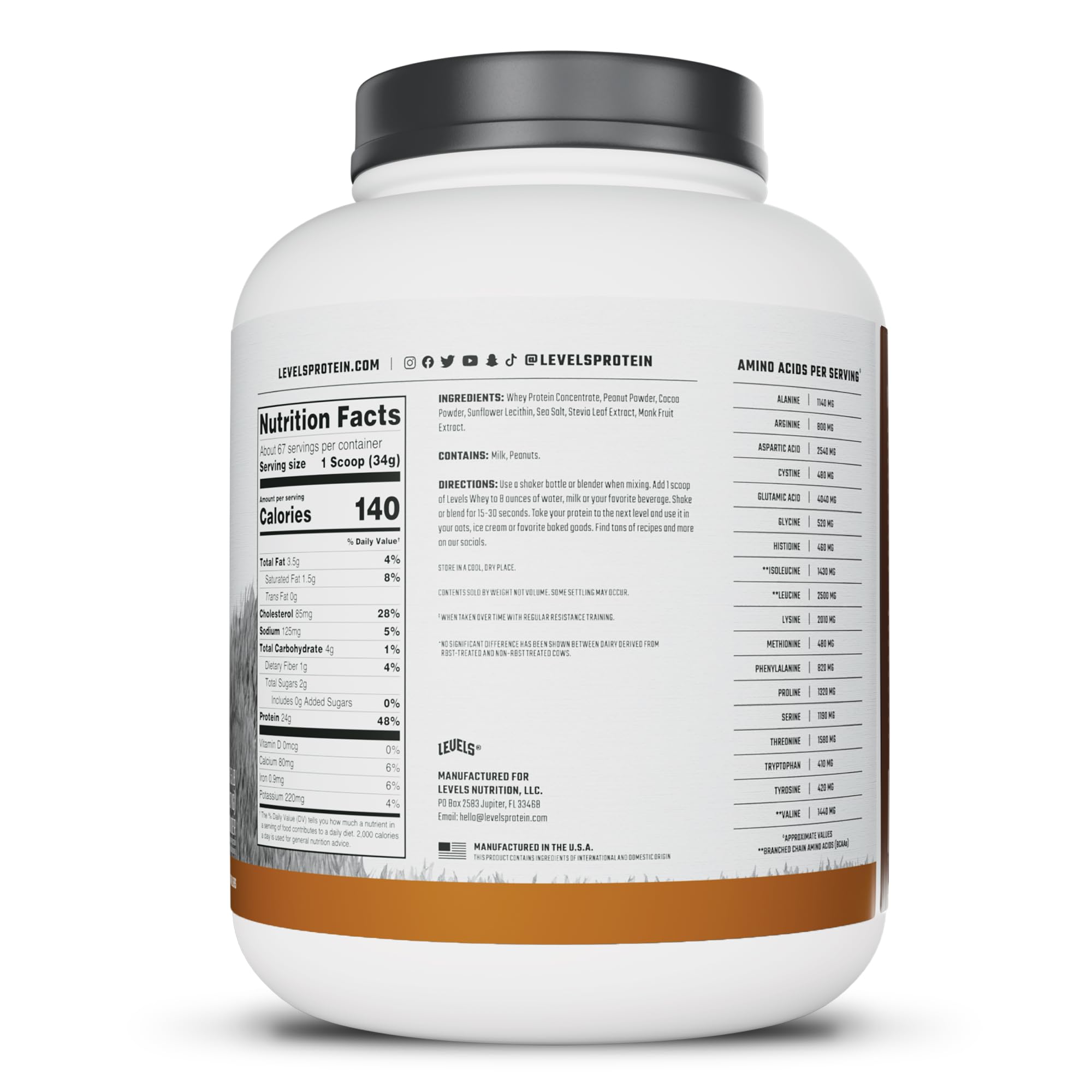 Levels Whey etiqueta nutricional mostrando 24g proteína por scoop