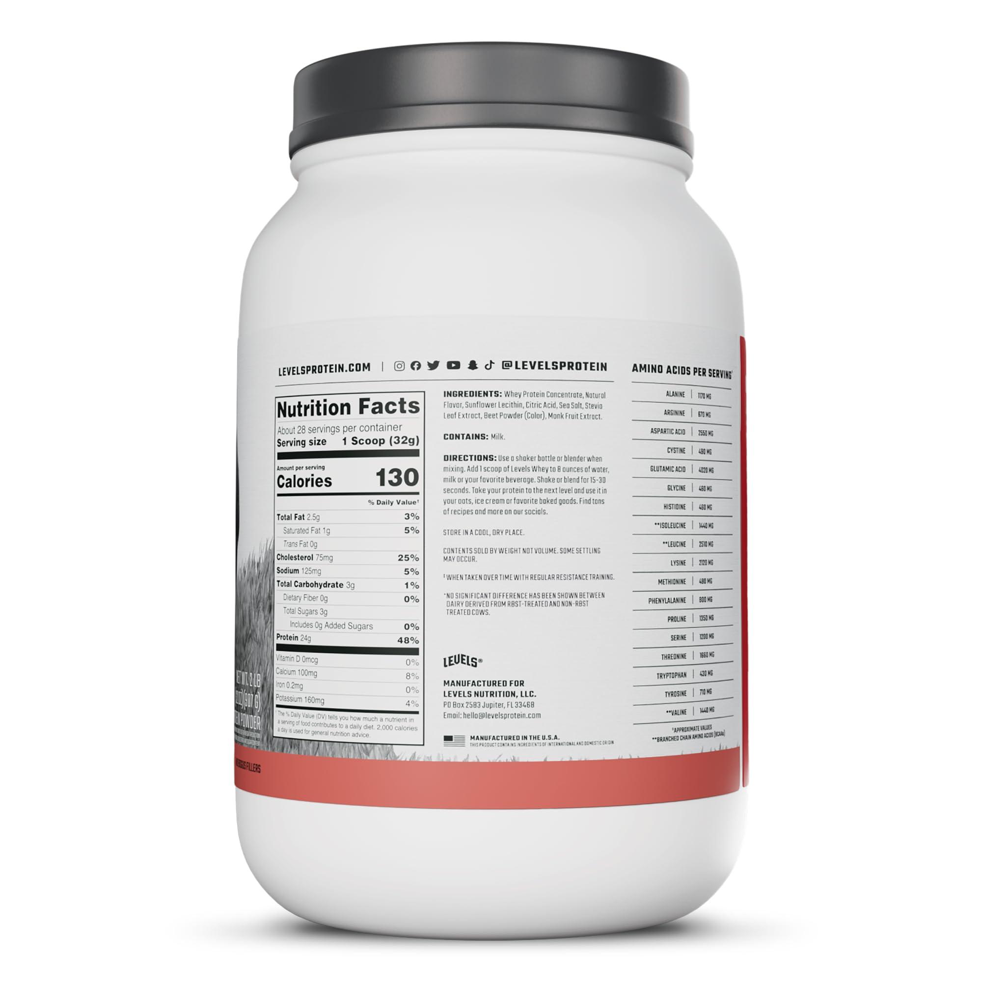Levels Whey polvo parcialmente mezclado en vaso, muestra disolución fácil con lecitina