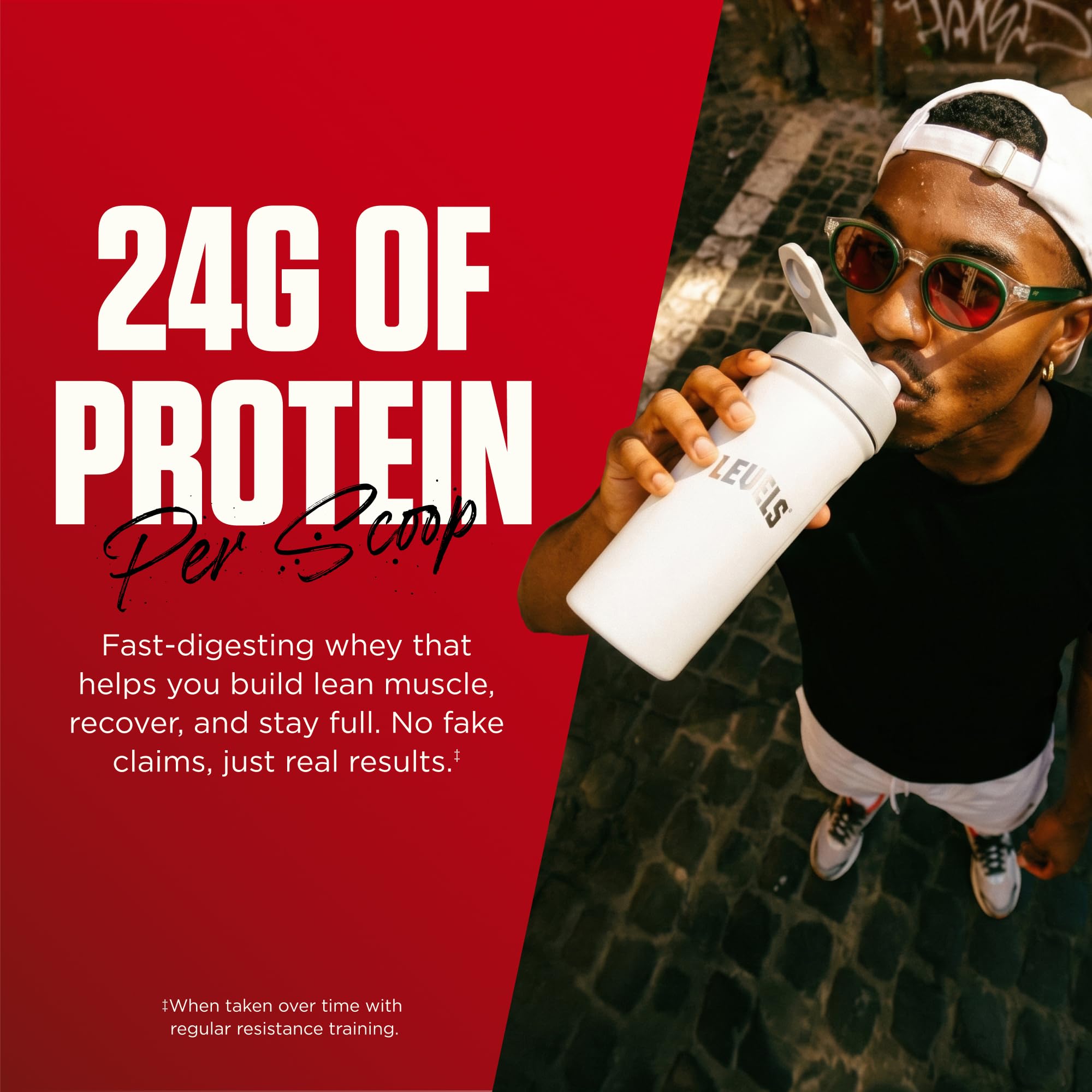 Levels Whey detalle de etiqueta con lista de ingredientes naturales y acceso transparente