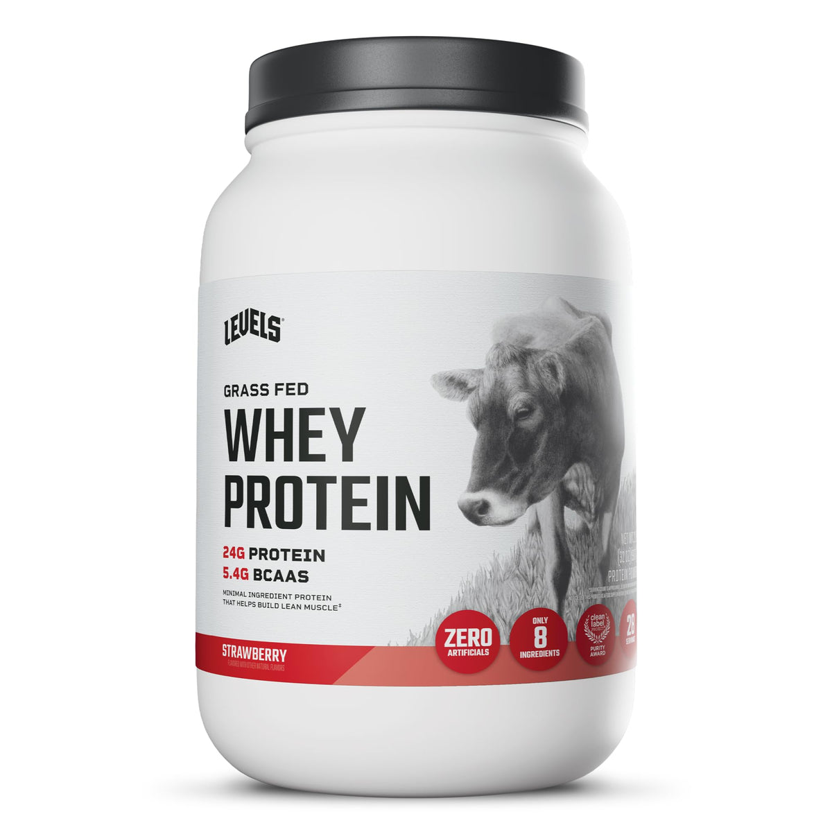 Levels Whey frente del envase mostrando 2LB y sabor fresa, presentación limpia y profesional