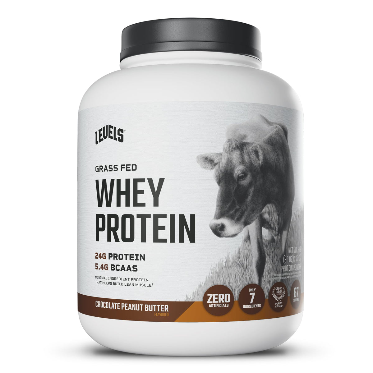 Levels Whey envase frontal mostrando tamaño 5lb y beneficios claros