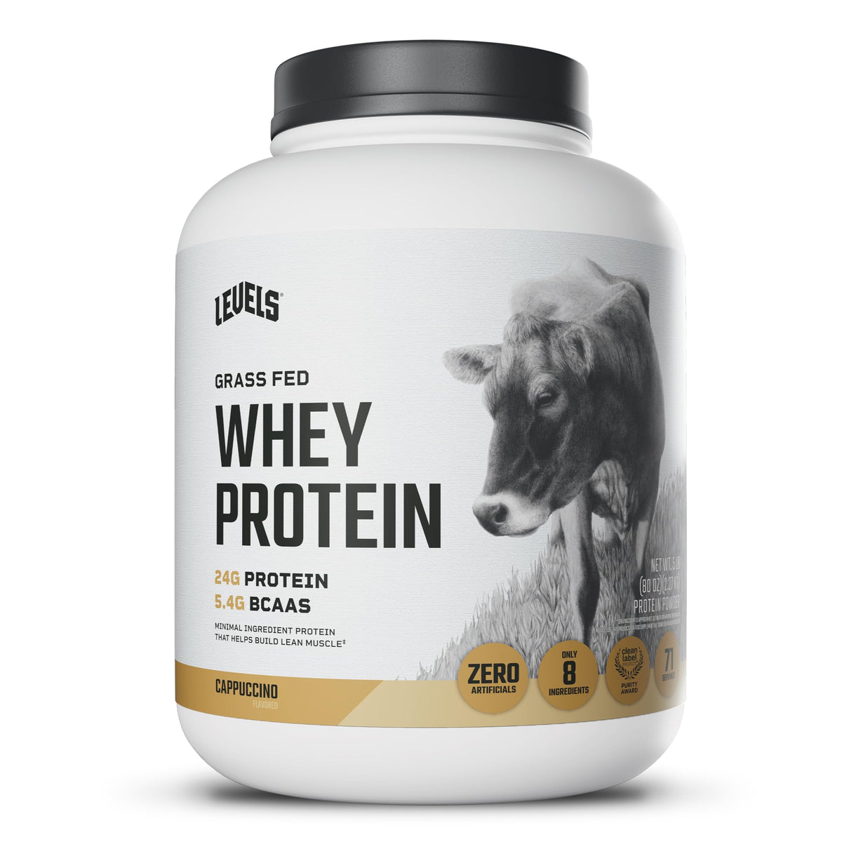 Levels Nutrition tarro frontal cappuccino mostrando sello limpio y tamaño 5 lb