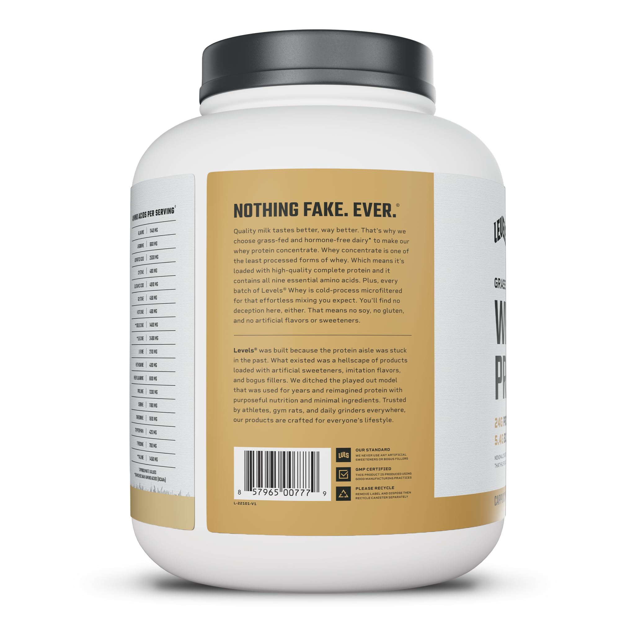 Primer plano del panel nutricional Levels con aclaración de 24g proteína
