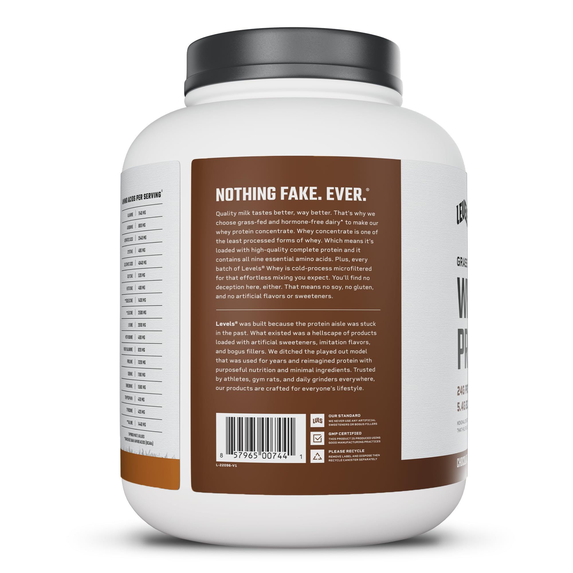 Levels Whey envase 5lb junto a una botella para comparar tamaño