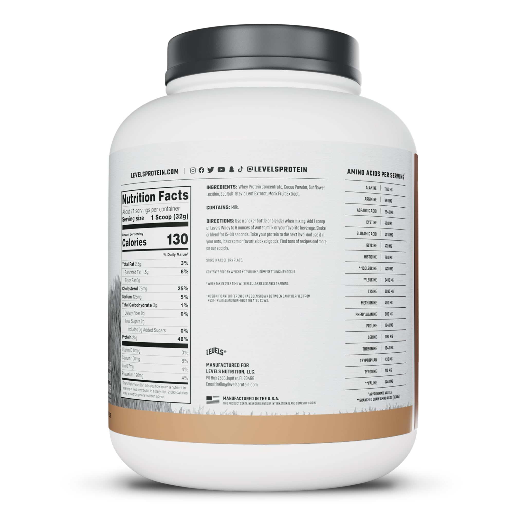 Levels Nutrition bote de 5lb comparado con escala para referencias