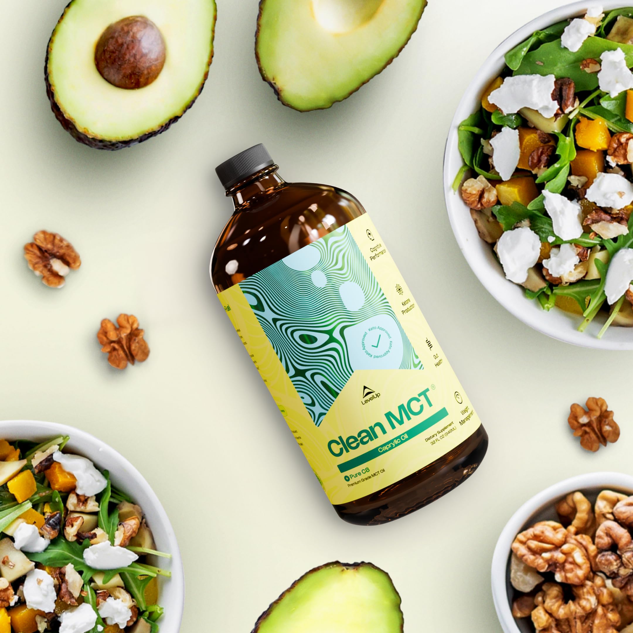 Etiqueta LevelUp Clean MCT con información de C8 y producción sin solventes
