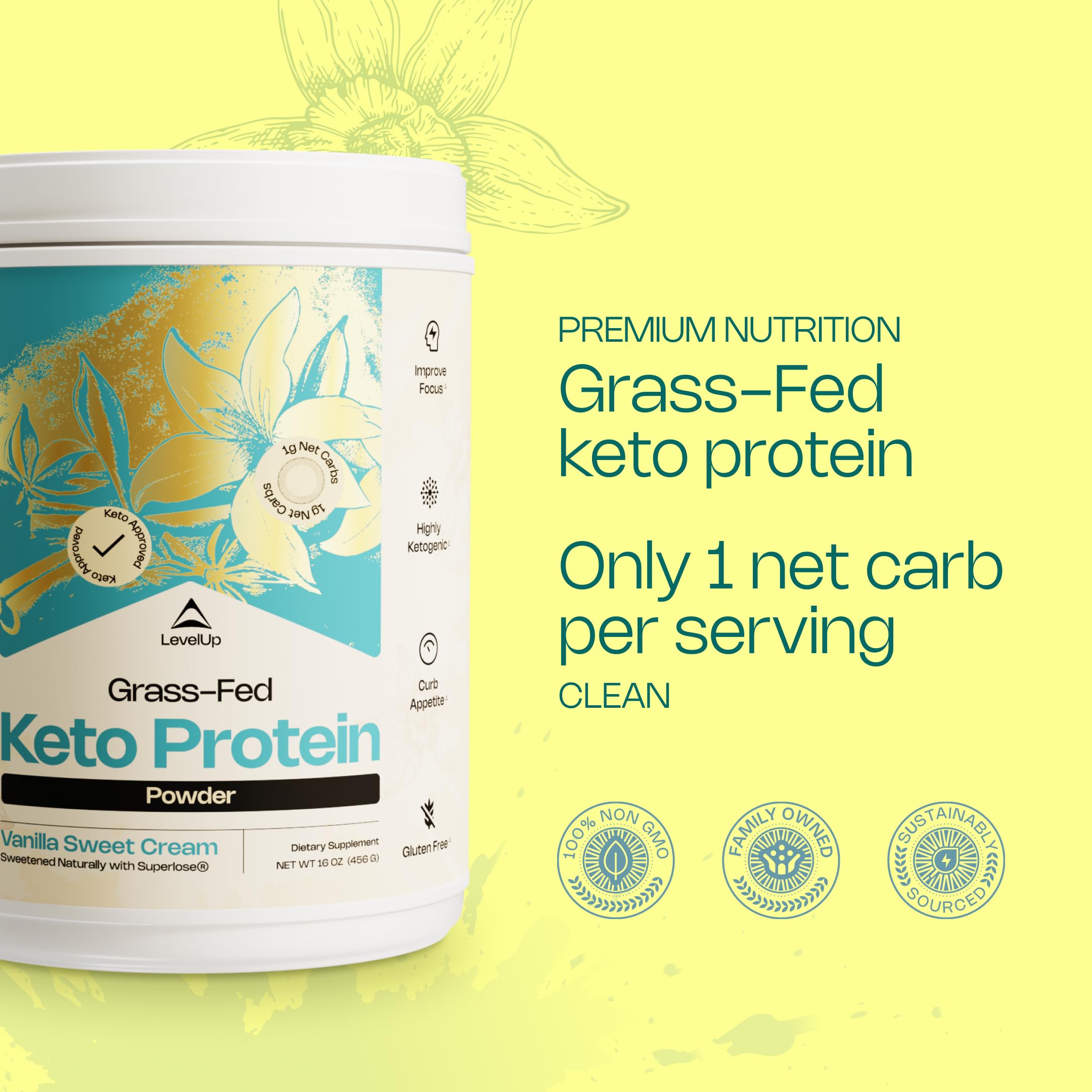 Primer plano de ingredientes: péptidos de colágeno grass-fed y aceite MCT C8 en relación al producto