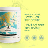 Primer plano de ingredientes: péptidos de colágeno grass-fed y aceite MCT C8 en relación al producto