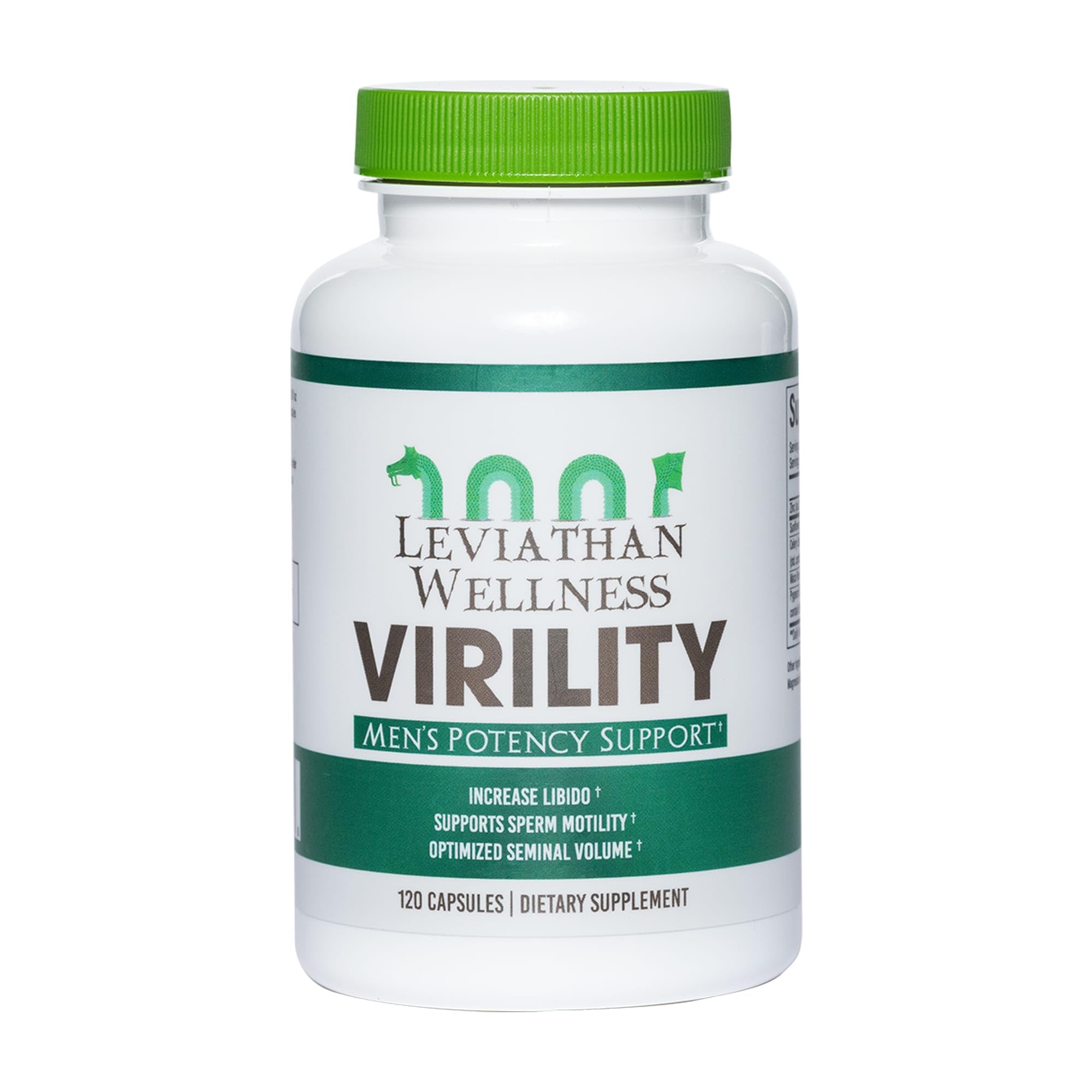Leviathan Wellness frasco frontal que muestra etiqueta y beneficio de apoyo masculino