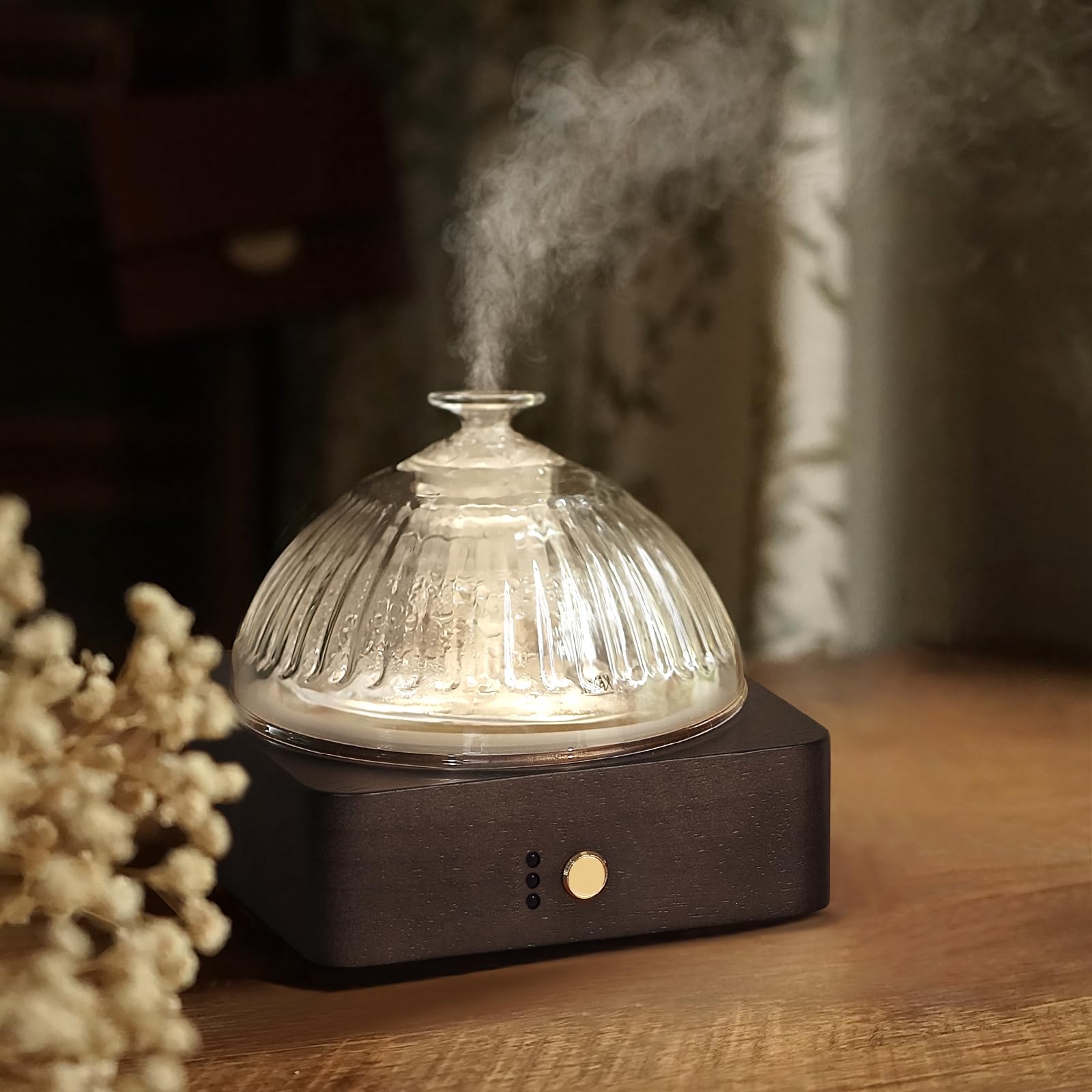 Levoair difusor frontal con base de madera mostrando diseño elegante y pura difusión