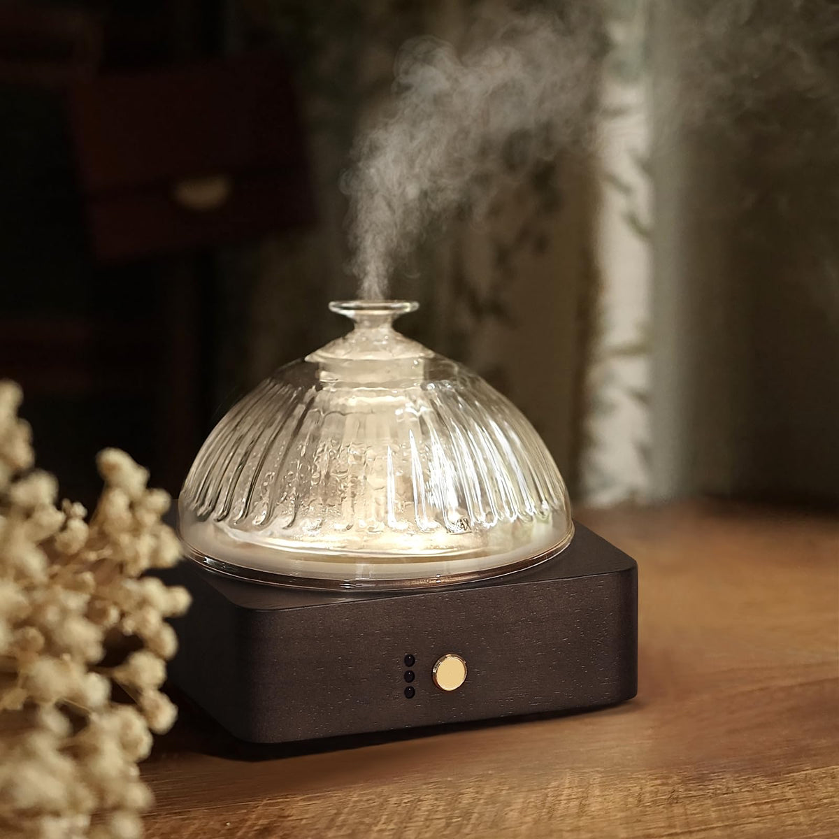Levoair difusor frontal con base de madera mostrando diseño elegante y pura difusión