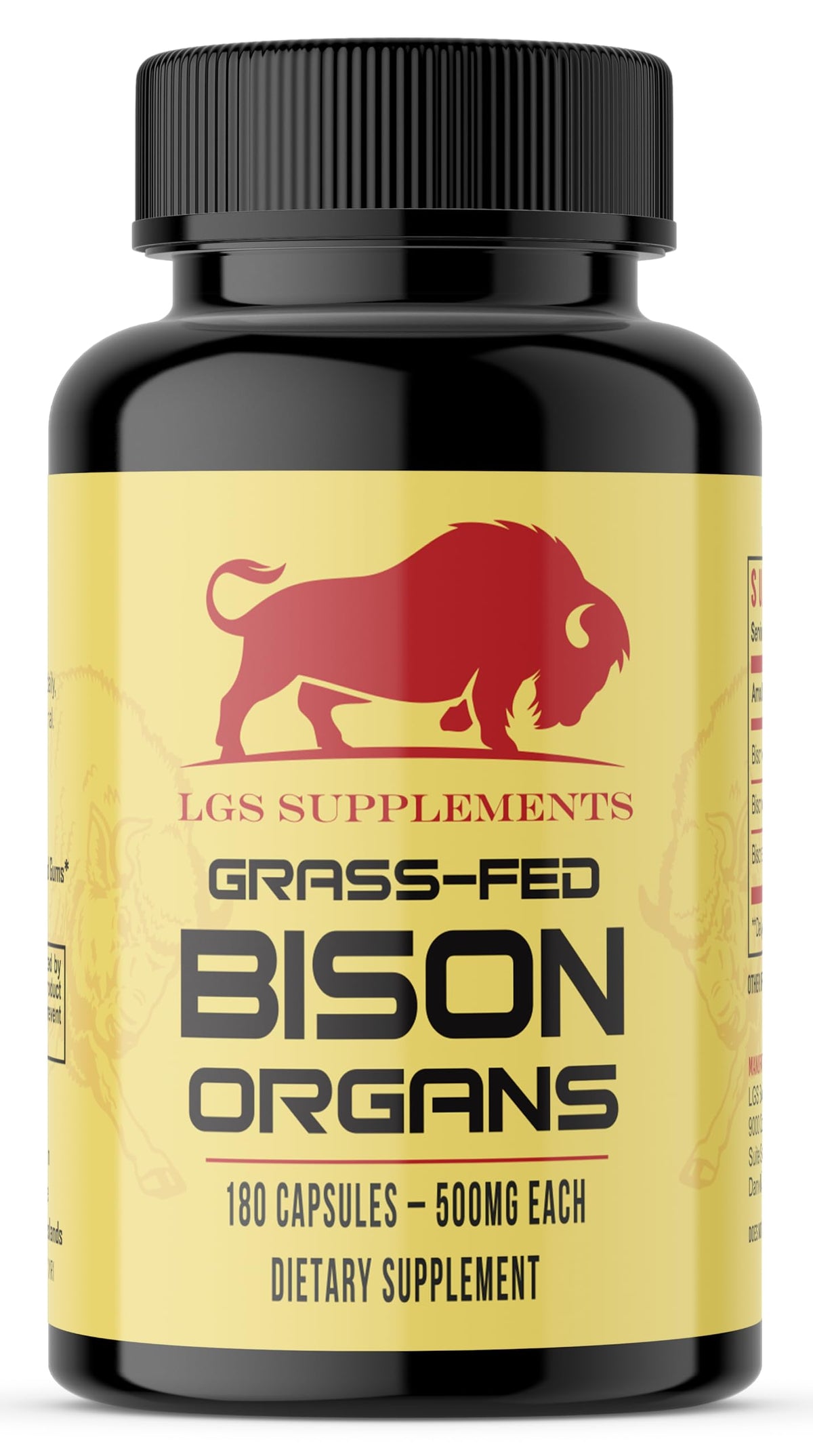 LGS Supplements frasco frontal mostrando 180 cápsulas, almacenamiento conveniente