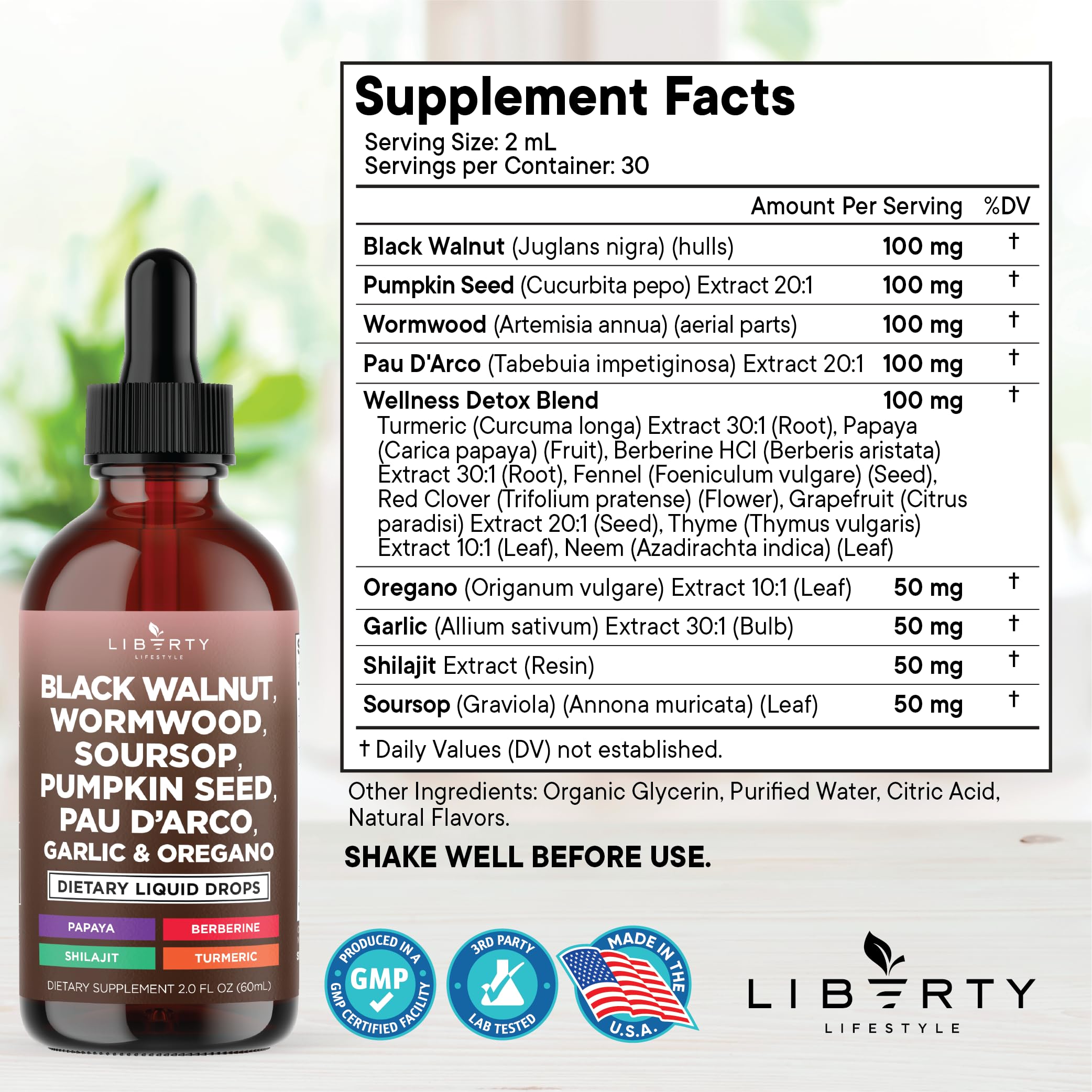 Liberty Lifestyle etiqueta en primer plano con ingredientes y certificaciones visibles