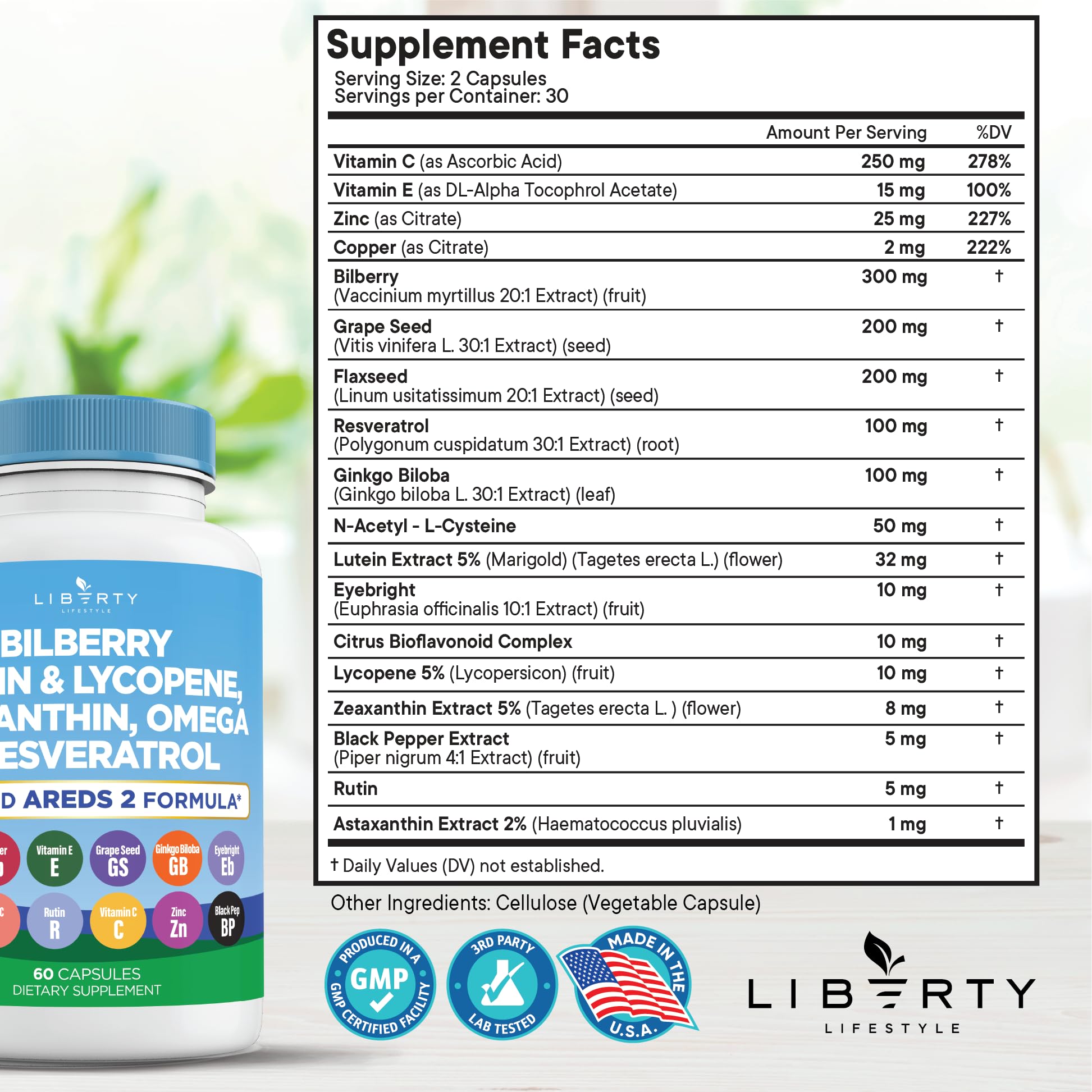 Liberty Lifestyle primer plano de la etiqueta con ingredientes clave y confianza