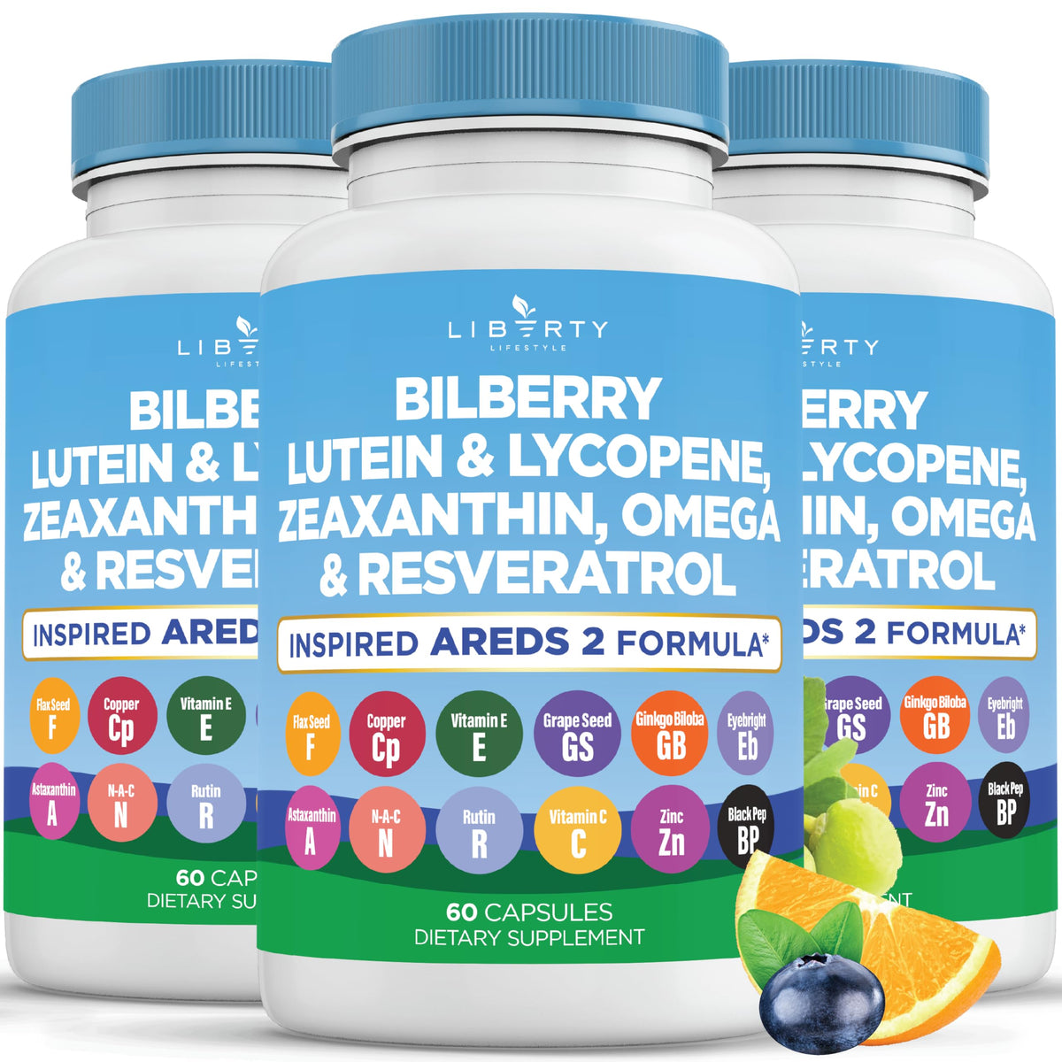 Liberty Lifestyle frasco delantero mostrando 180 cápsulas y beneficio nutricional