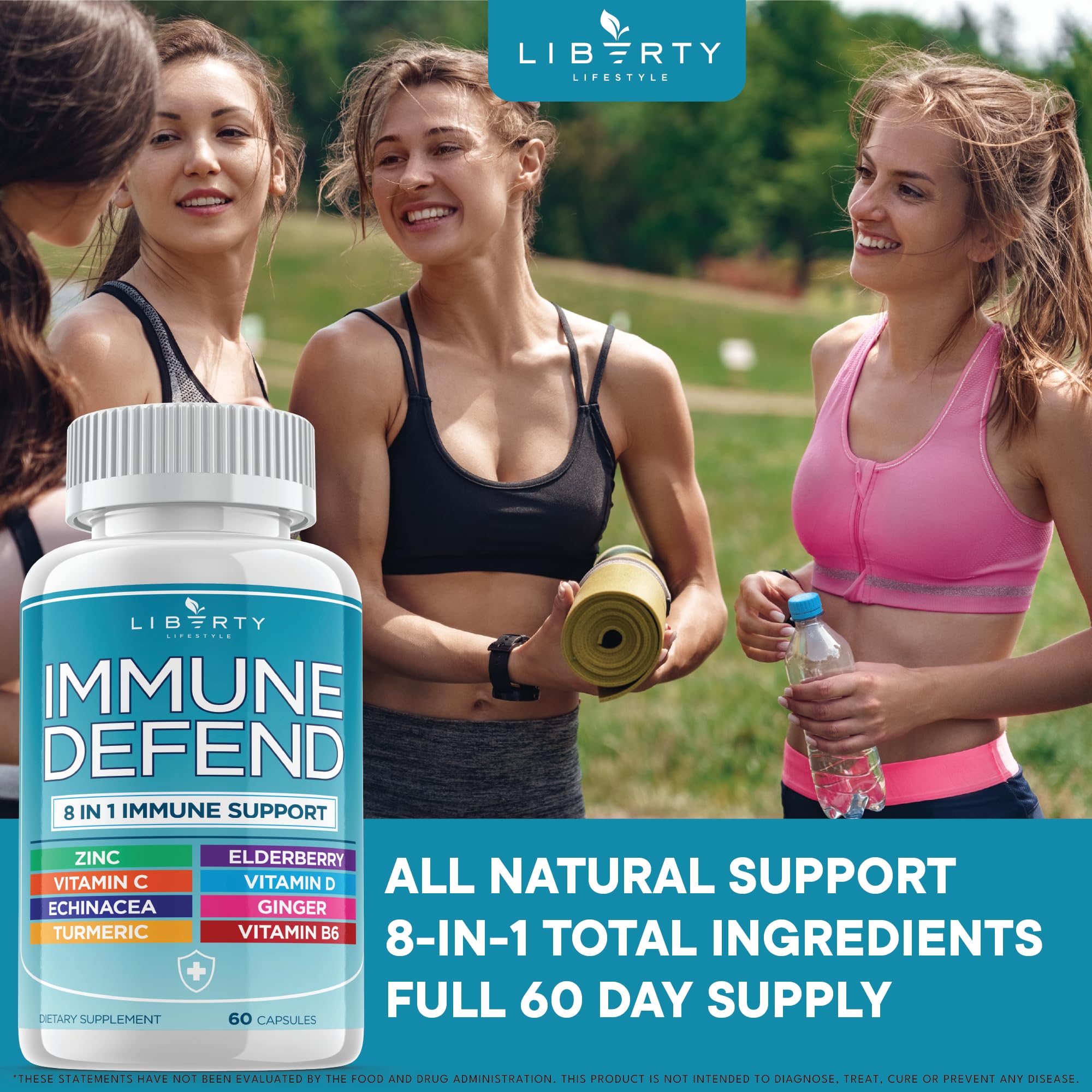 Liberty Lifestyle ingredientes naturales dispuestos: cúrcuma, jengibre, saúco