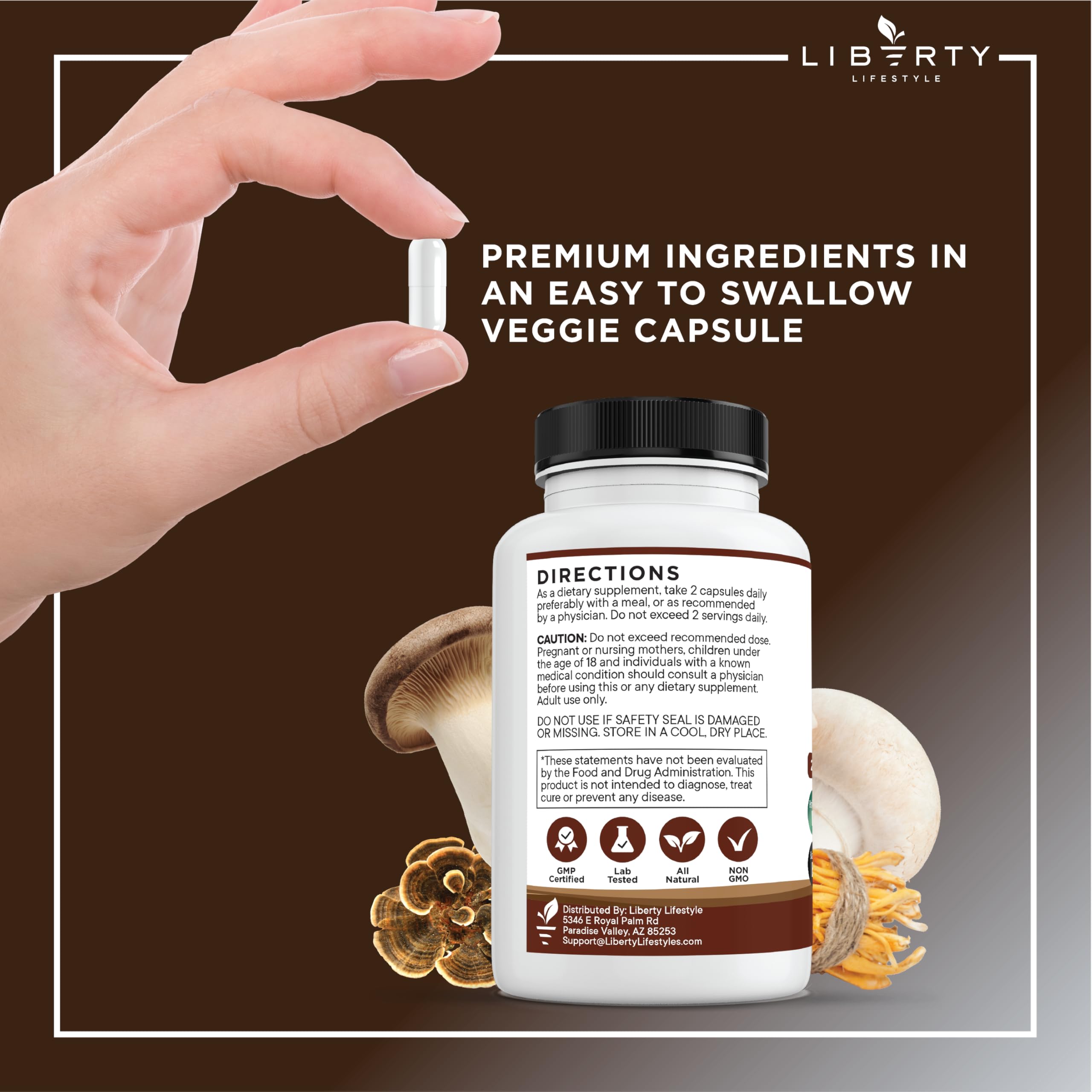 Liberty Lifestyle mezcla de ingredientes naturales incluyendo hongos y raíz de malvavisco