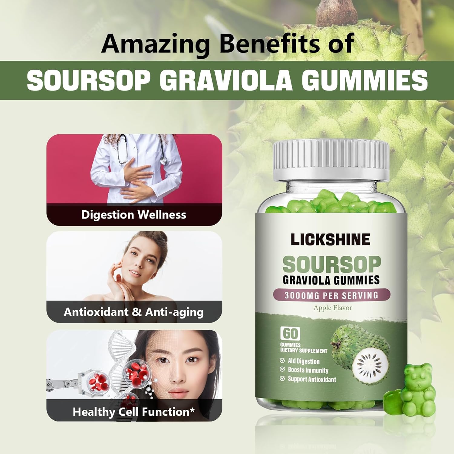 lickshine hojas y fruta de soursop que ilustran origen natural