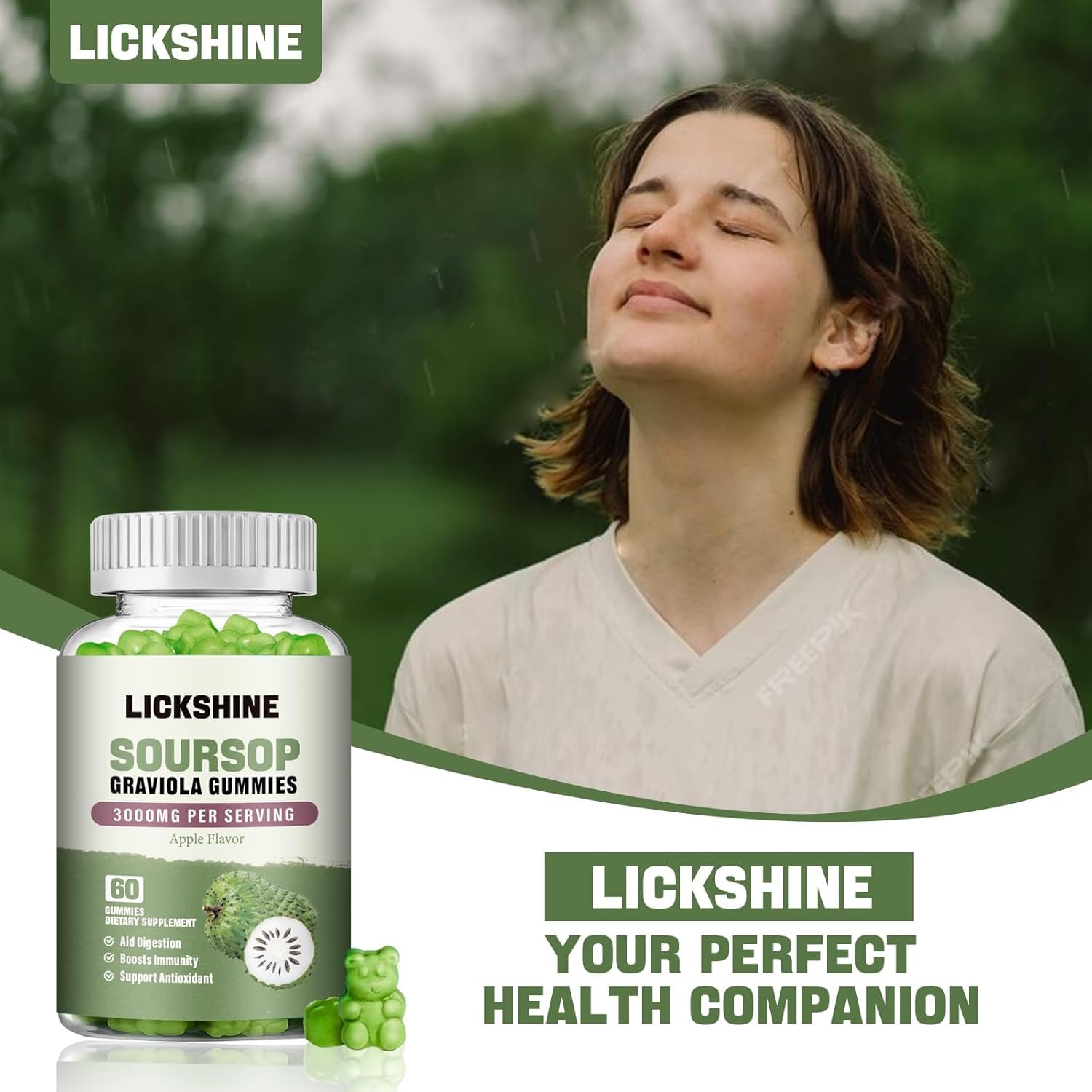 lickshine gomitas sobre mesa junto a frutas para uso diario práctico