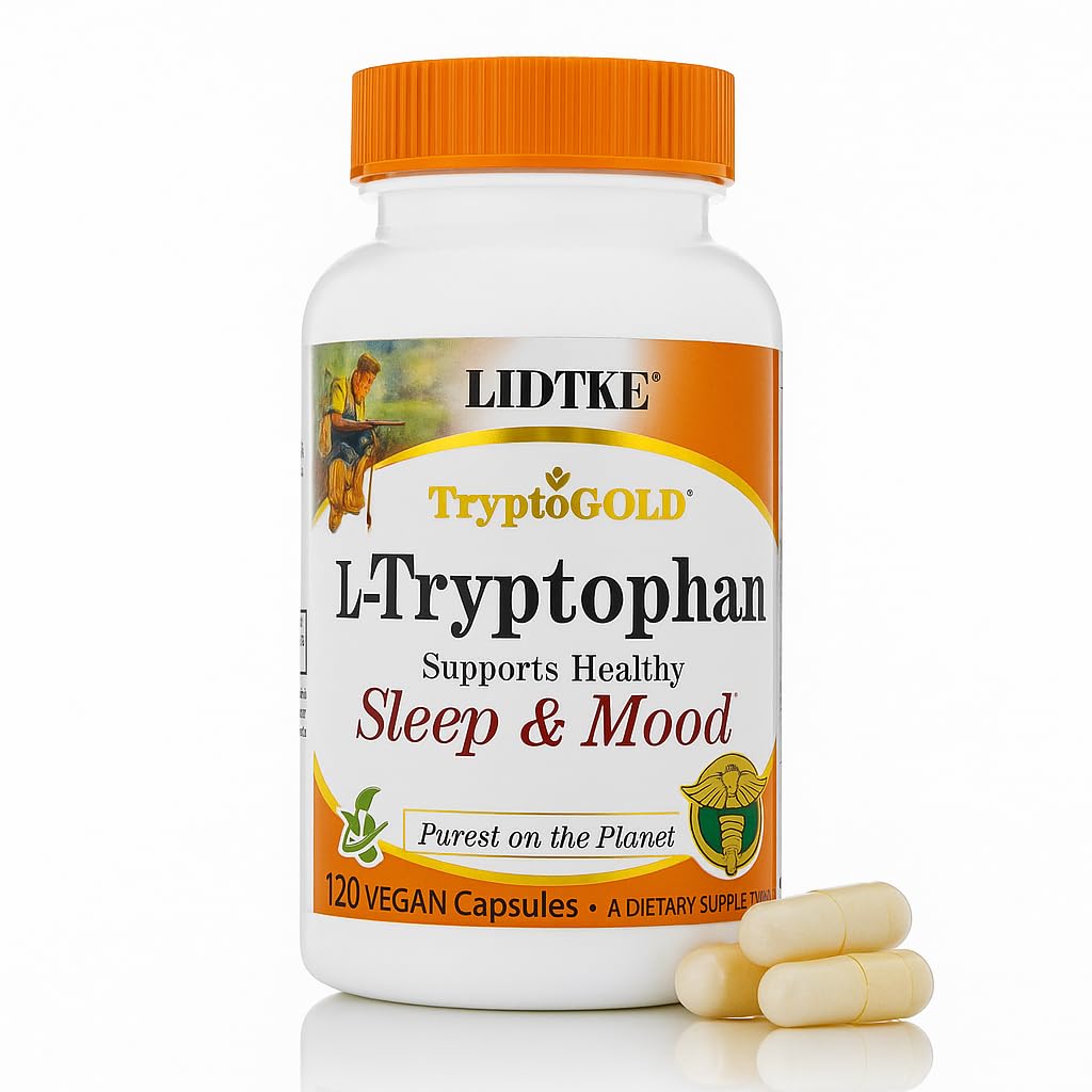 Frasco frontal Lidtke L-Tryptophan mostrando la etiqueta y beneficios claros