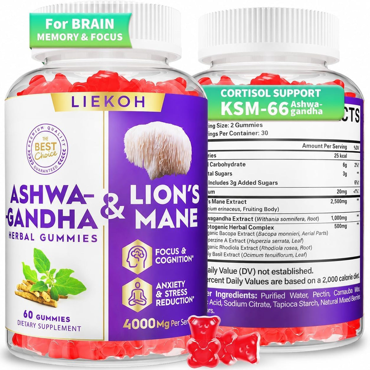 Liekoh frente del envase de Ashwagandha Gummies mostrando diseño y sabor