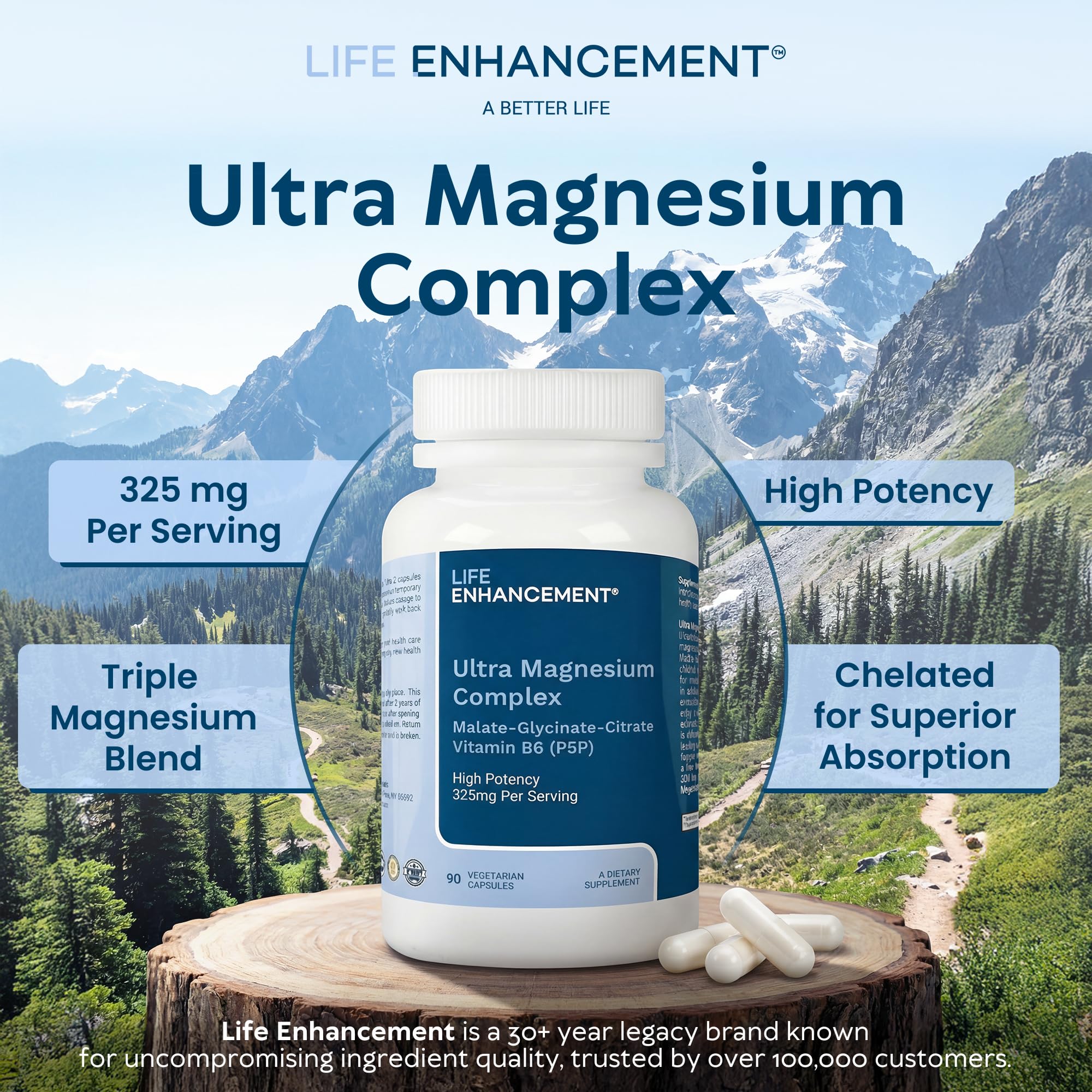 Life Enhancement primer plano de la etiqueta con ingredientes y dosis legibles