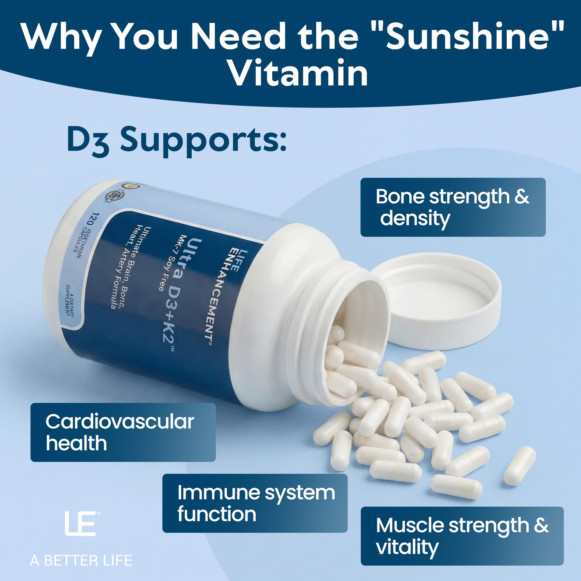 Life Enhancement etiqueta nutricional con D3 2000 IU y K2 MK‑7 clara