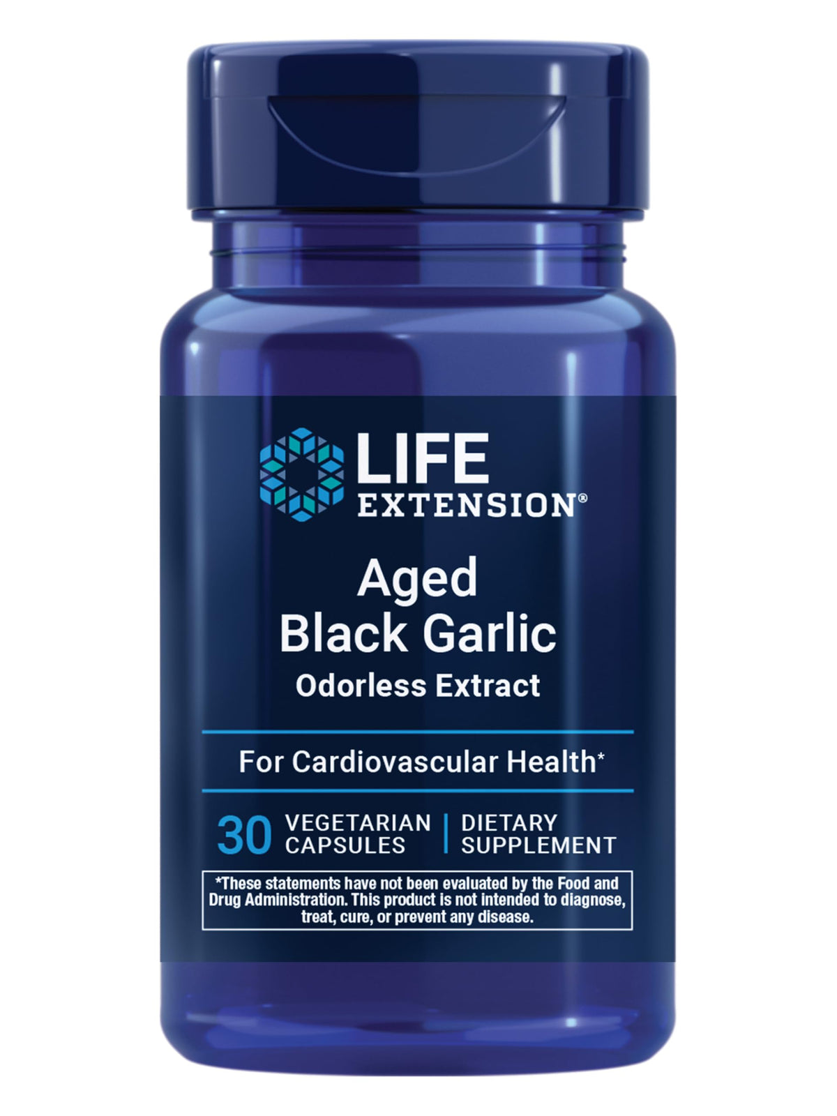Life Extension frasco frontal del ajo negro envejecido, presentación clara y beneficios