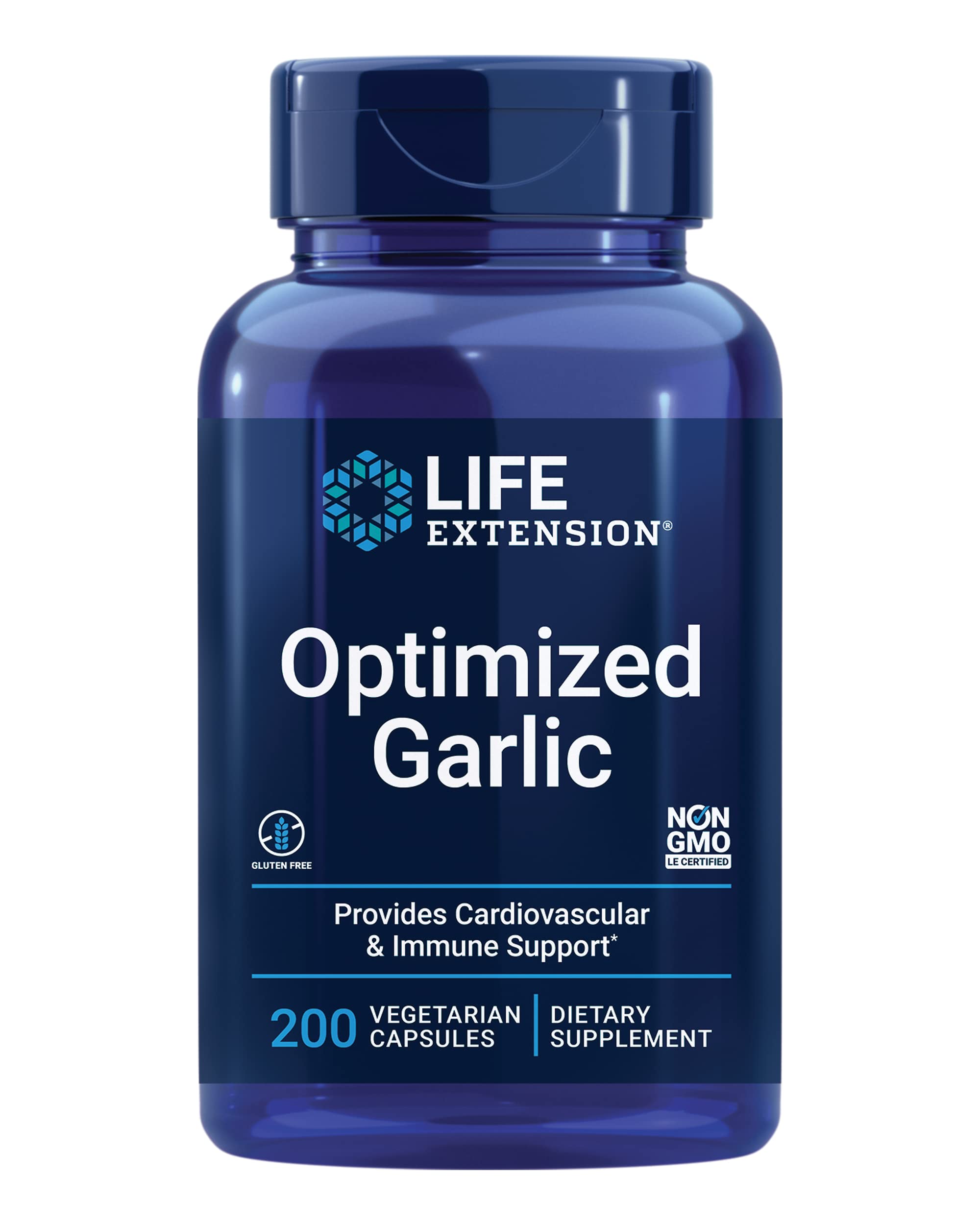Life Extension envase frontal de Optimized Garlic mostrando cápsulas y beneficio cardiovascular