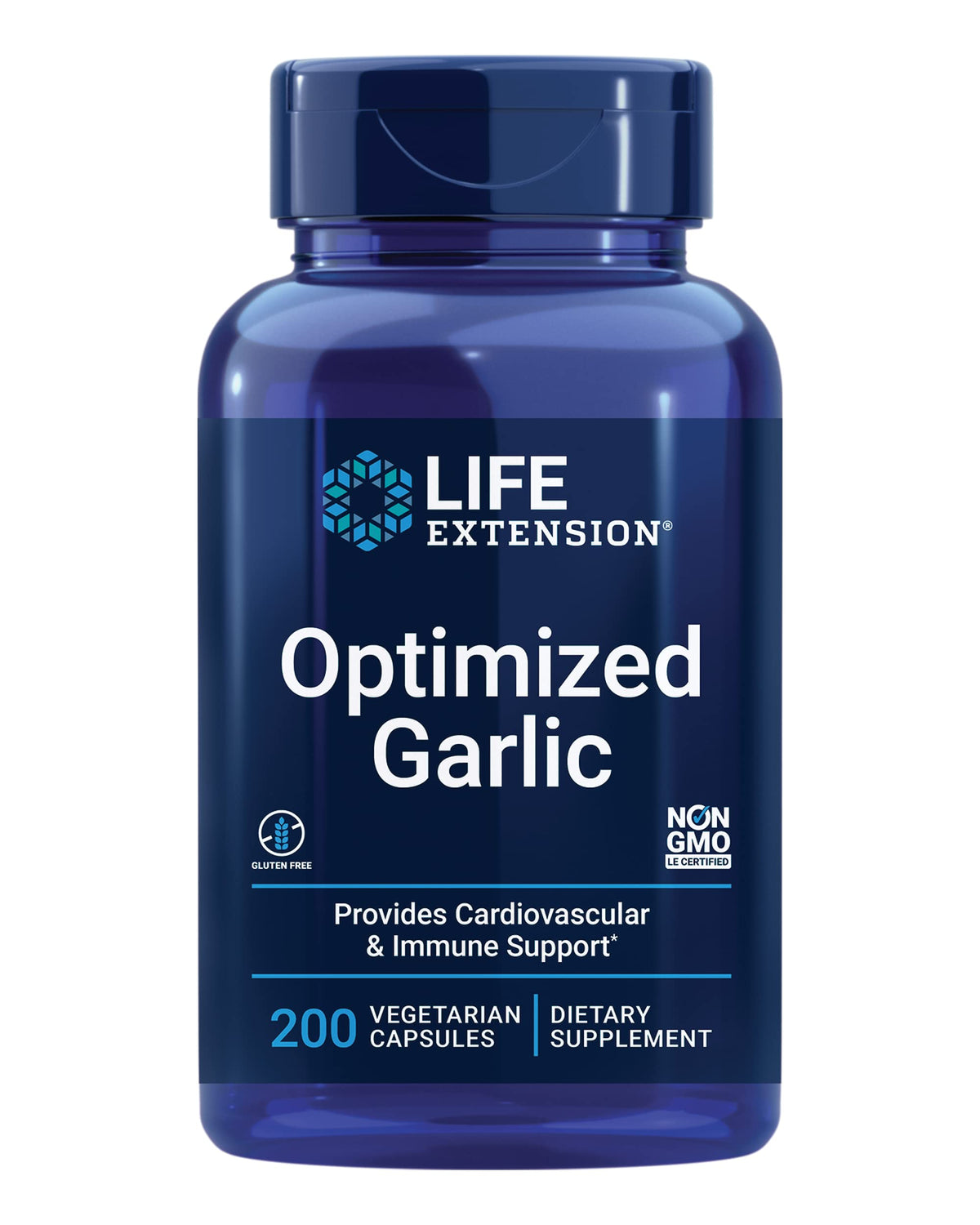 Life Extension envase frontal de Optimized Garlic mostrando cápsulas y beneficio cardiovascular