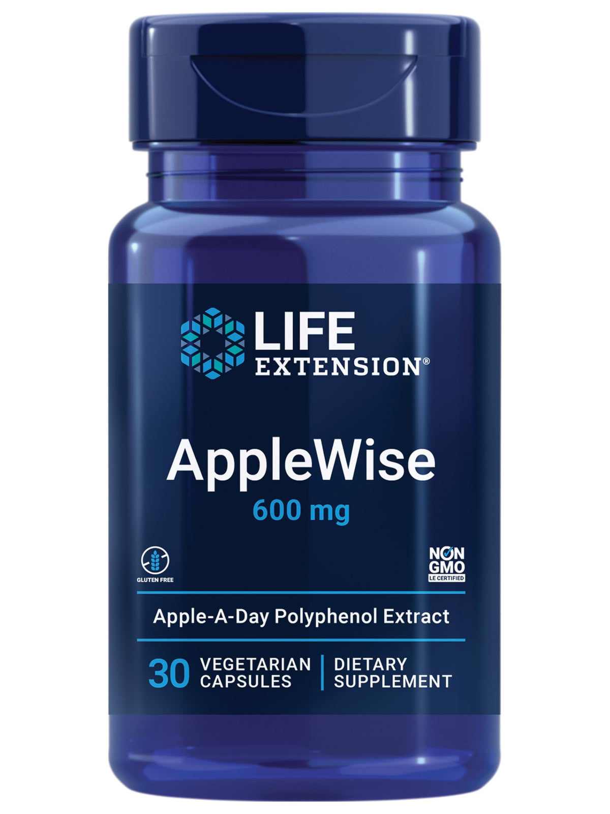 Life Extension botella frontal mostrando AppleWise y ventaja de apoyo cardiovascular